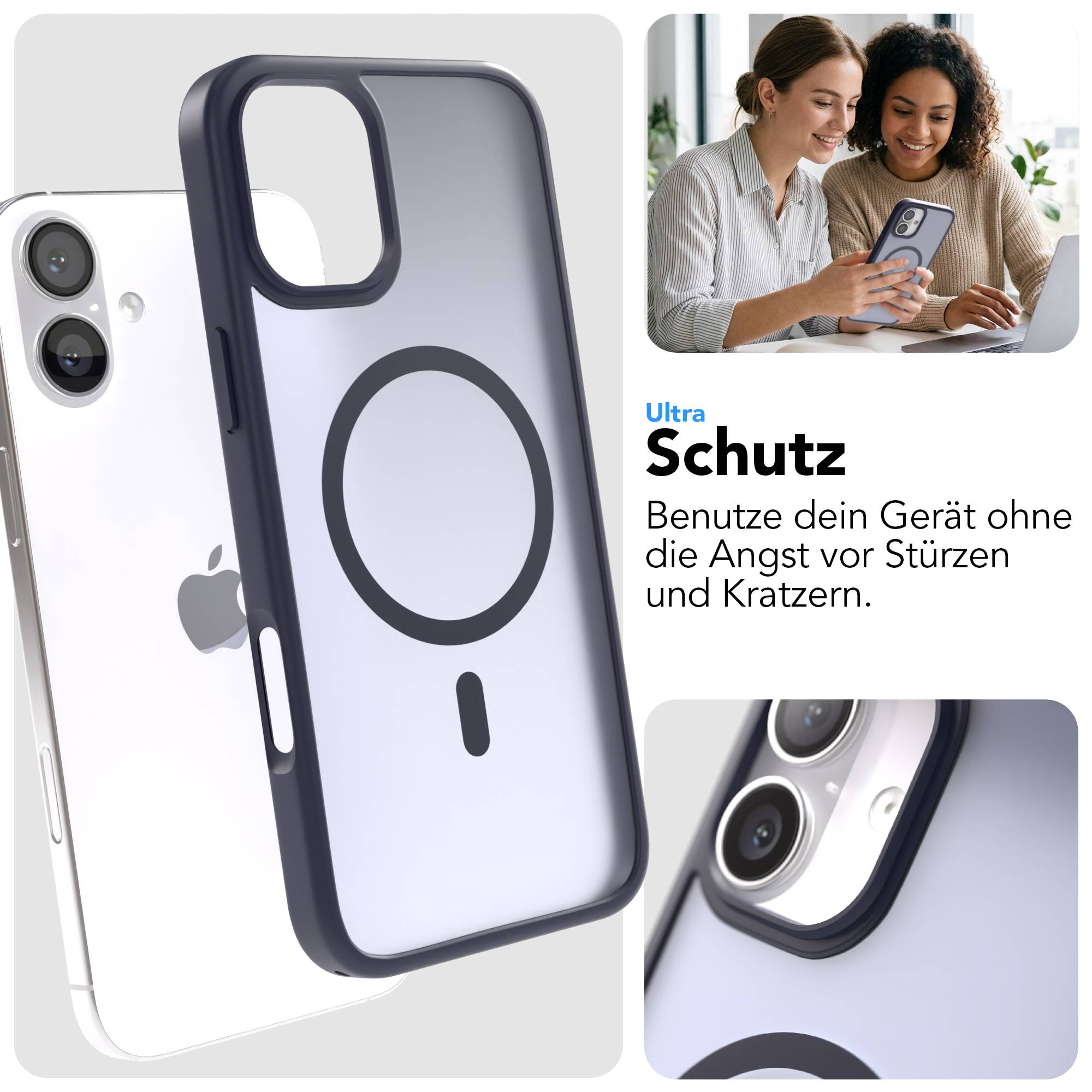 iPhone-Hülle mit transparentem Rücken und dunklem Rand, zeigt Kameras und MagSafe.