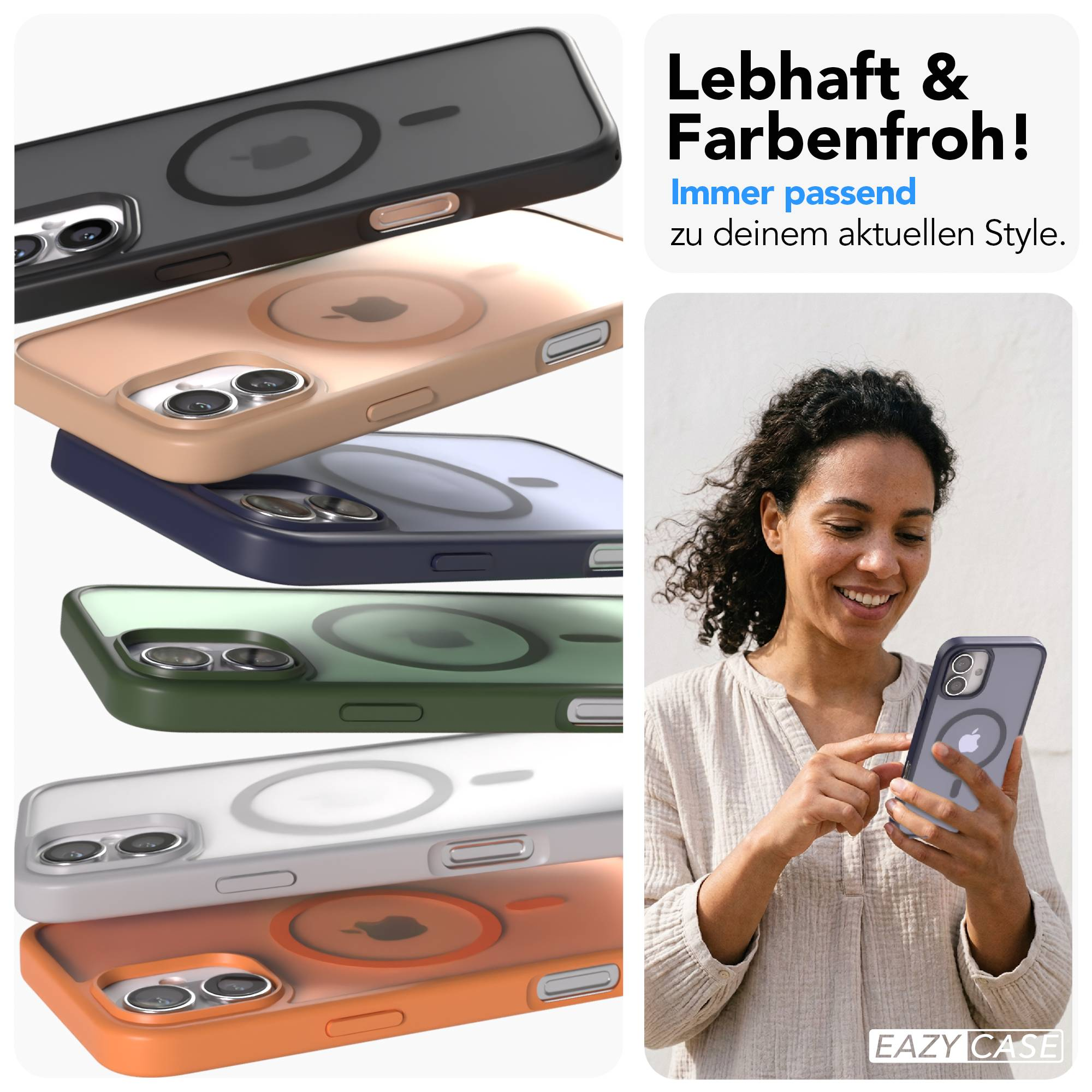 Mehrere bunte Handyhüllen stapeln sich, daneben eine Frau mit Handy.