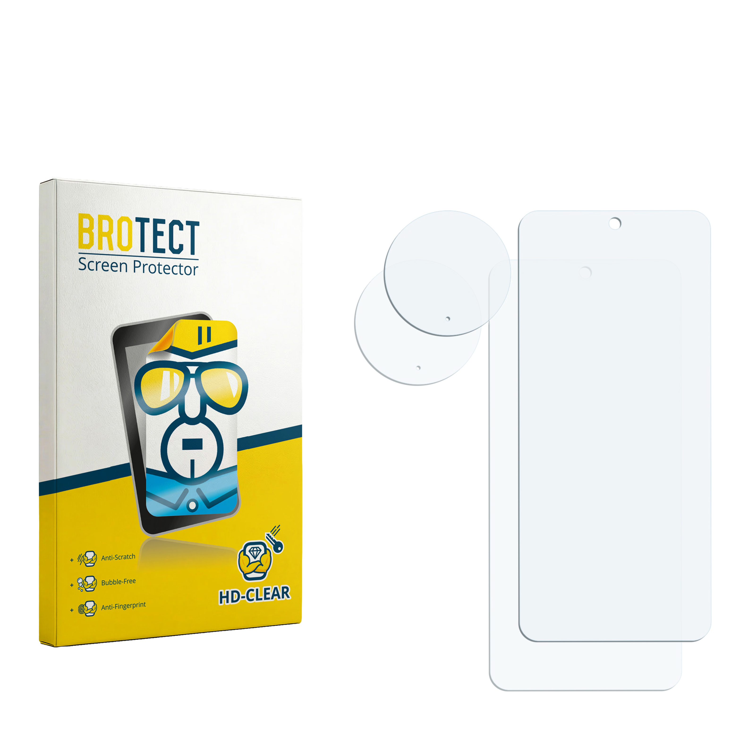 Schutzfolien-Verpackung mit zwei Displayschutzfolien und zwei runden Schutzscheiben.