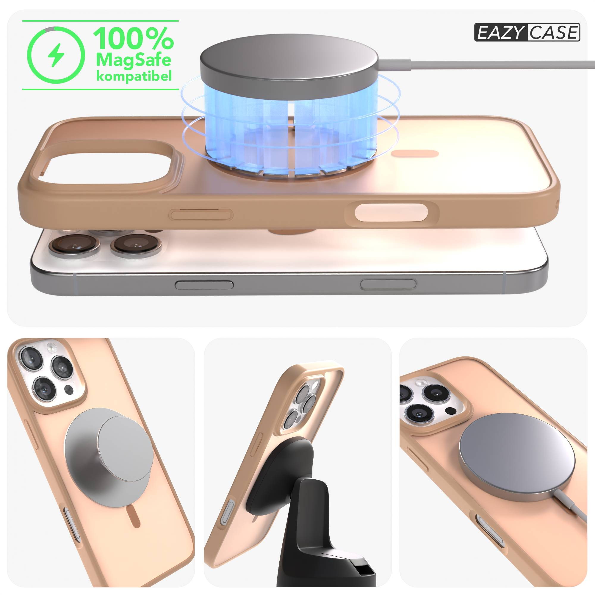 Goldenes iPhone mit MagSafe-Ladegerät, Ladehülle und Halterung.