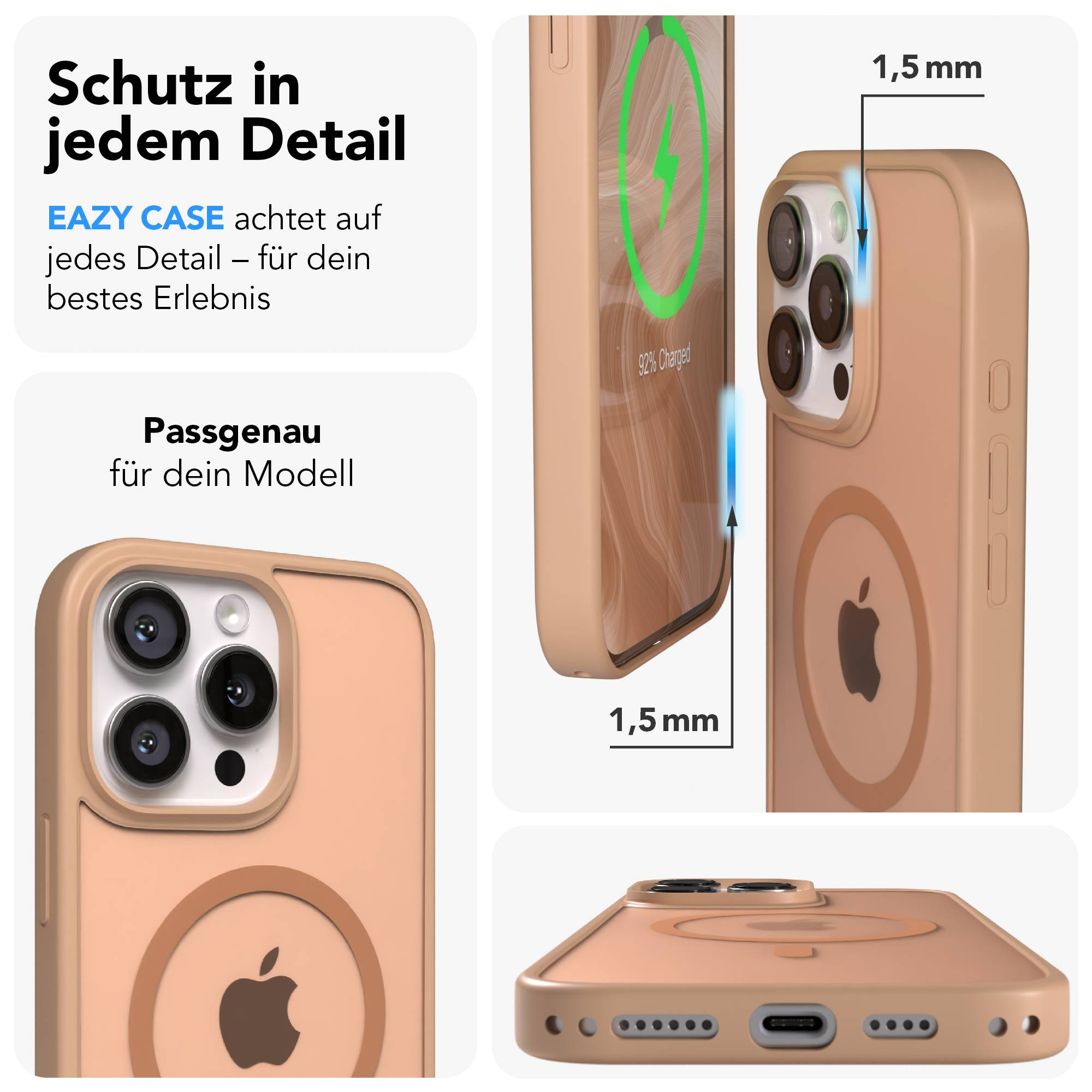 Ein hellbraunes Handycase schützt ein Handy mit drei Kameras. Detailansicht.