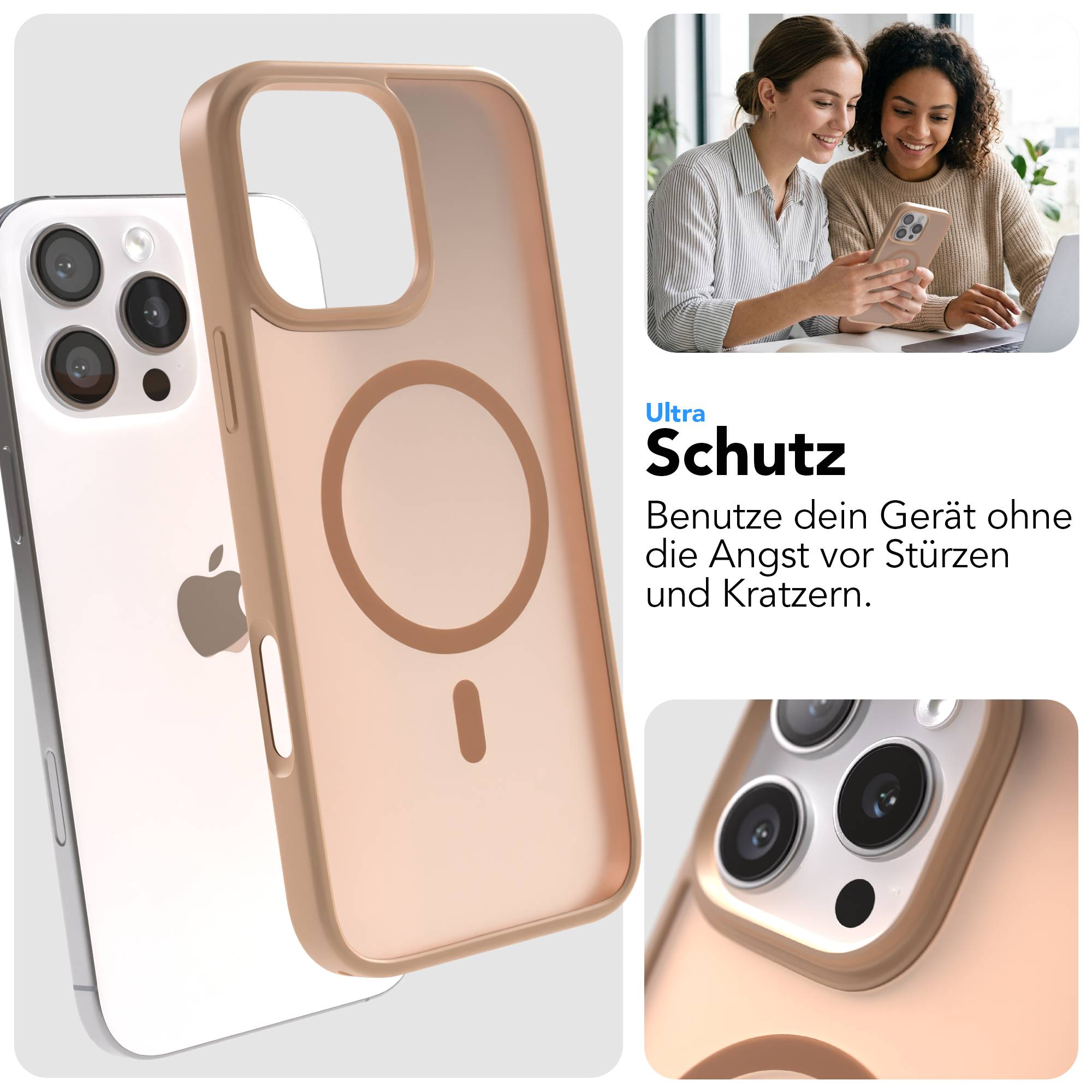 Ein hellbraunes Handycover, das ein iPhone schützt.