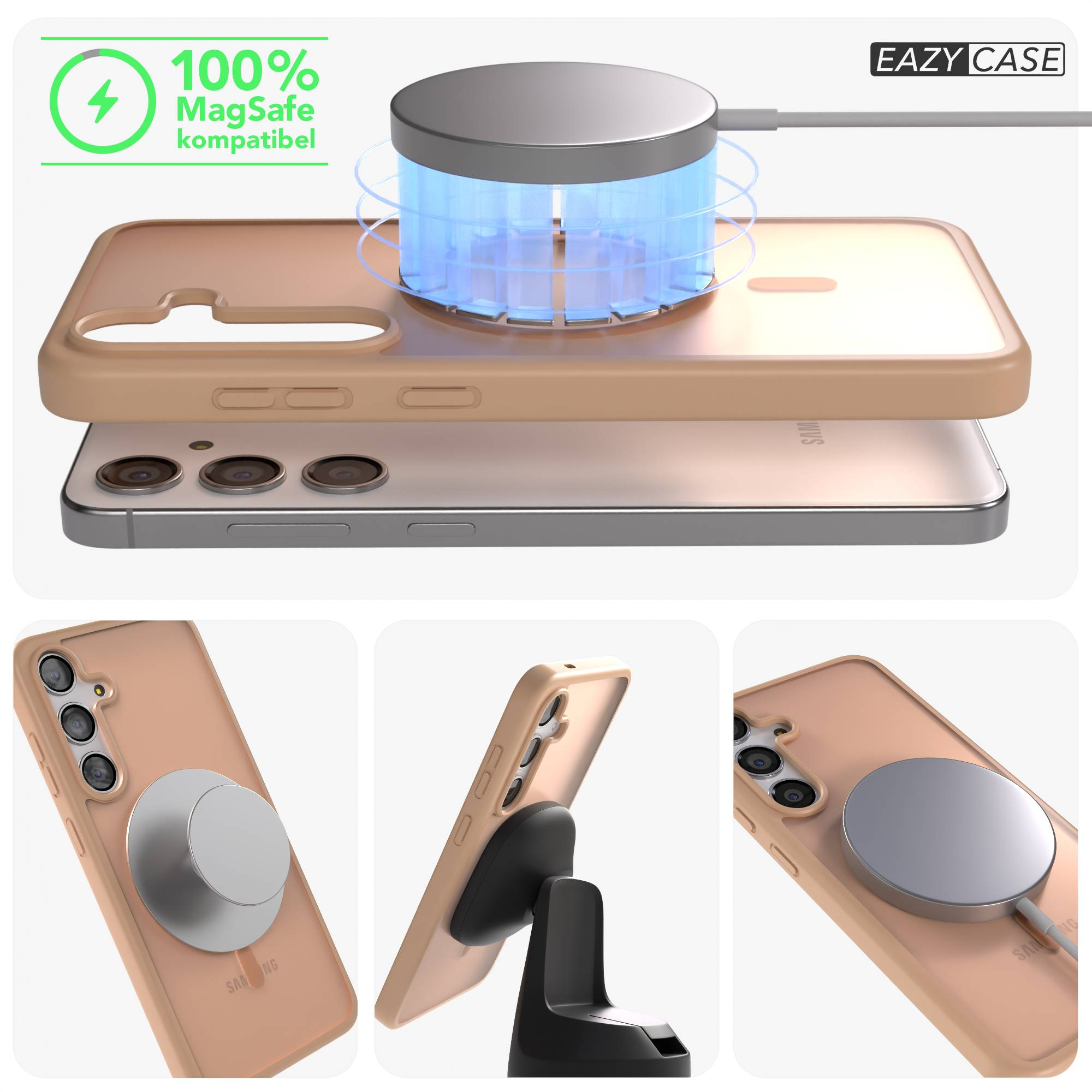 Ein Smartphone mit MagSafe-Ladegerät und Hülle, auf einem Ständer.
