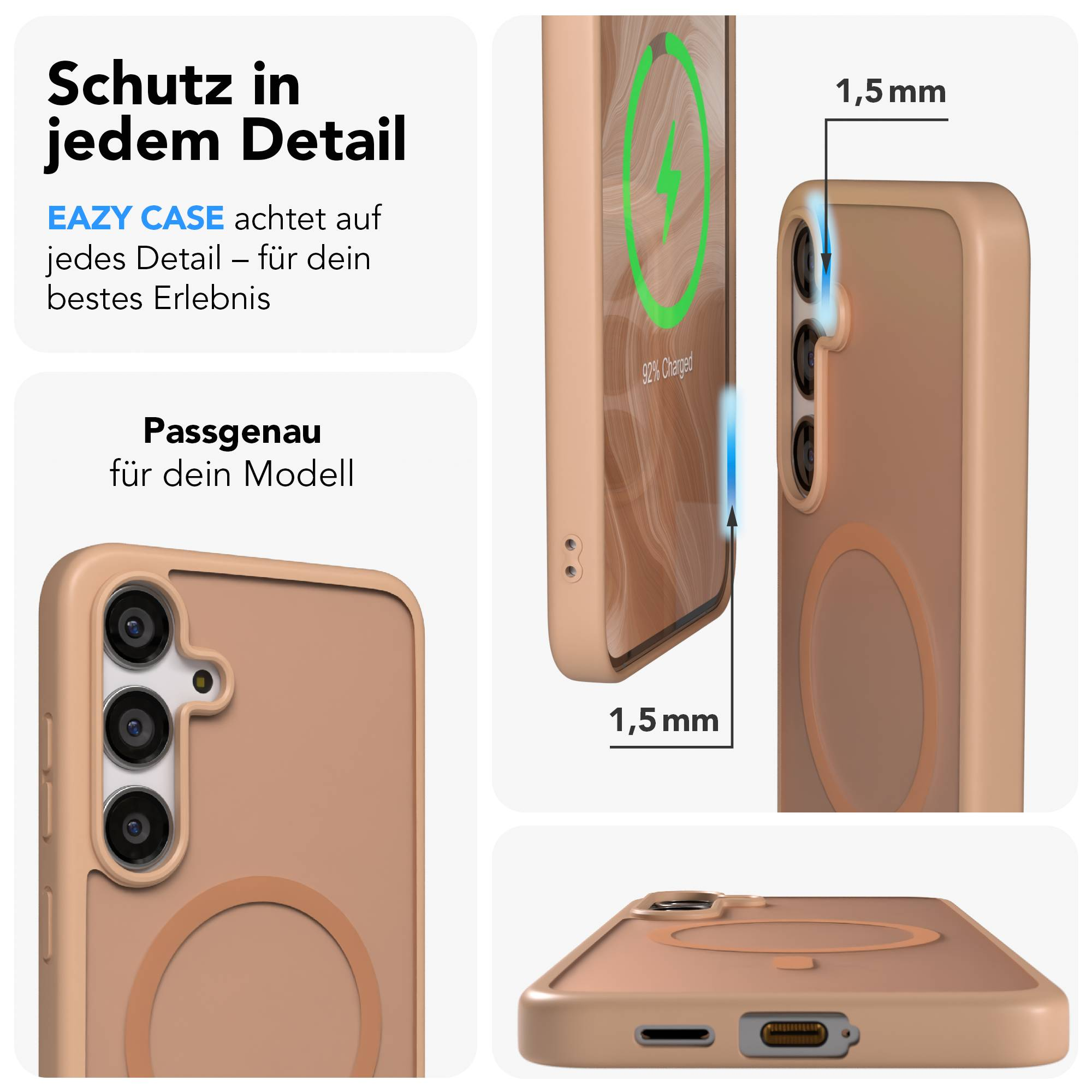 Ein Handy in einer Schutzhülle mit Ladeanzeige und Maßangaben.