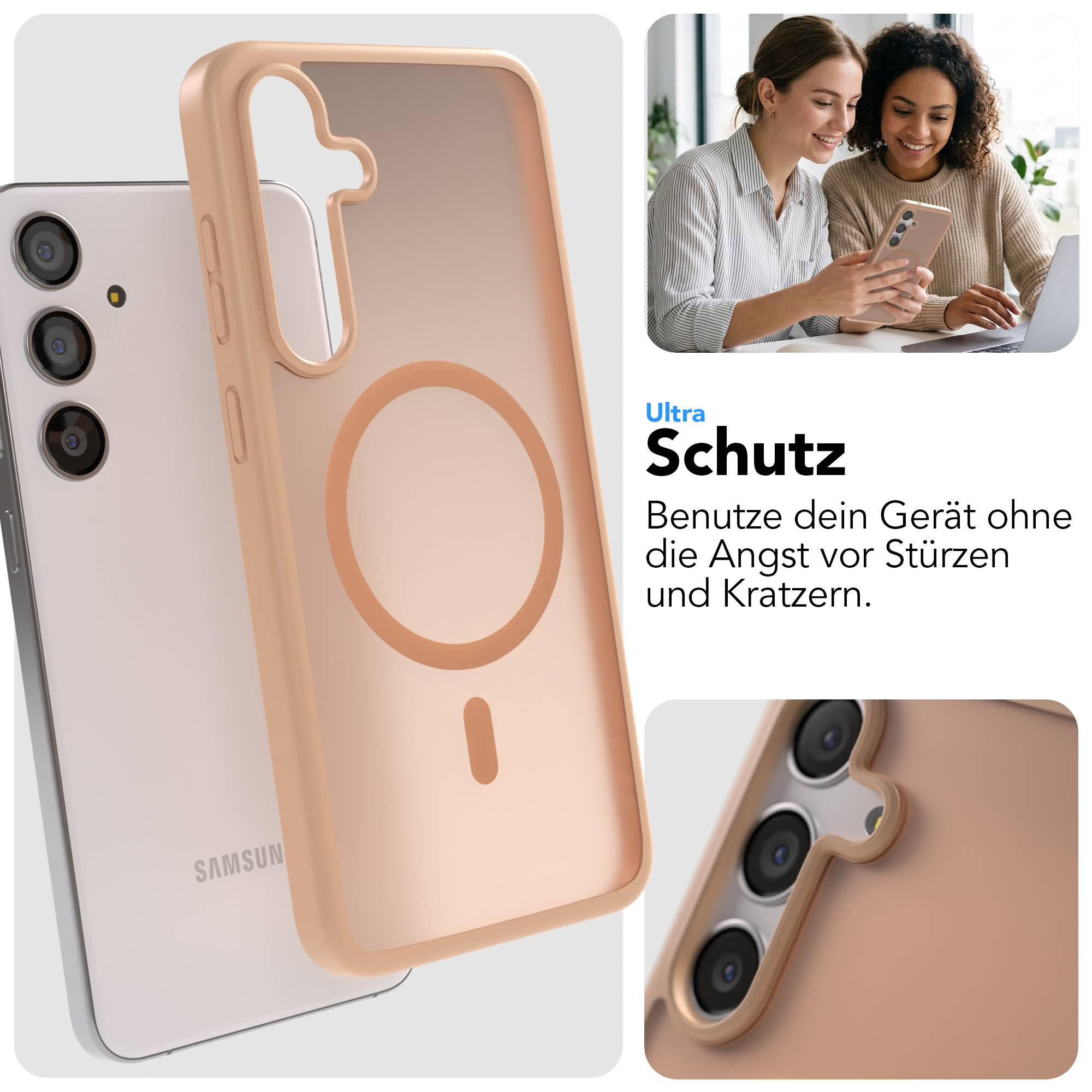 Ein hellrosa Handyhülle mit Magnetring und ein Smartphone.