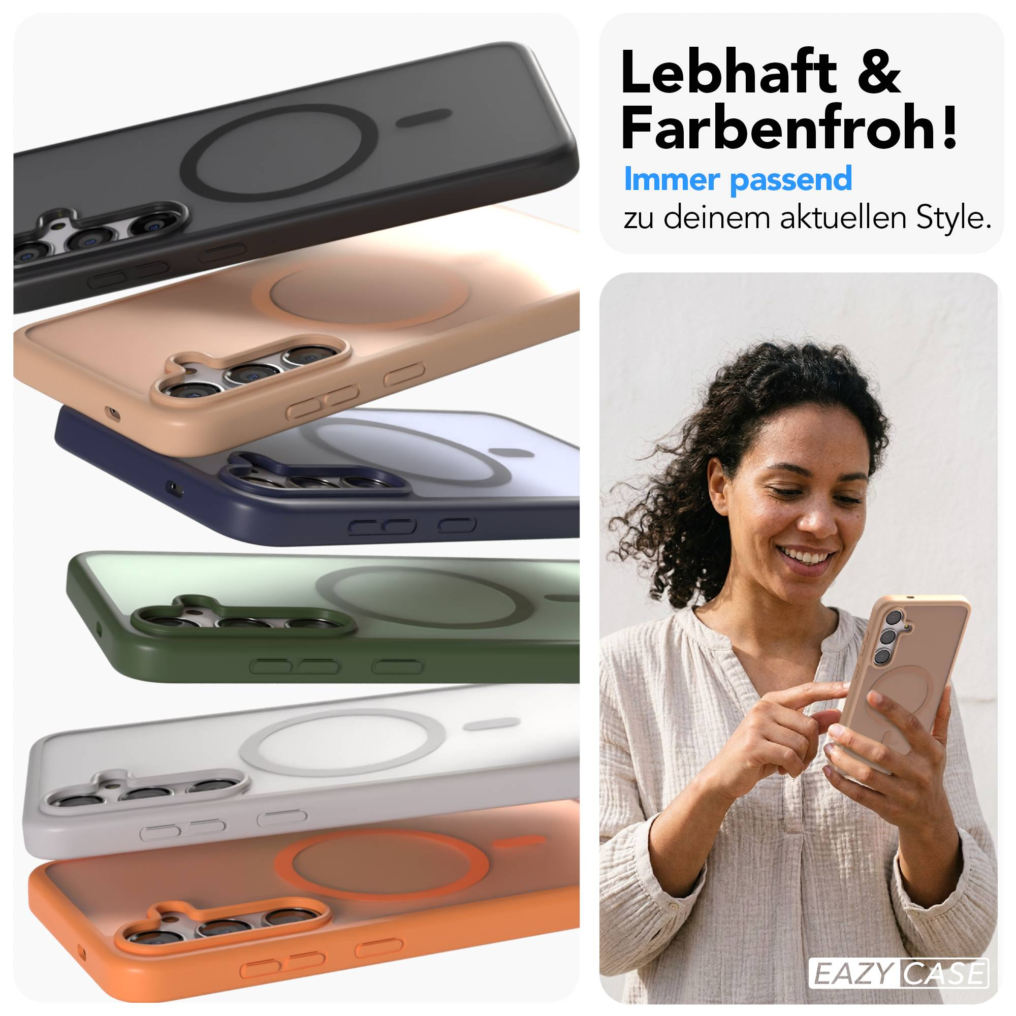 Verschiedene Handyhüllen in bunten Farben, eine Frau hält ein Handy mit Hülle.