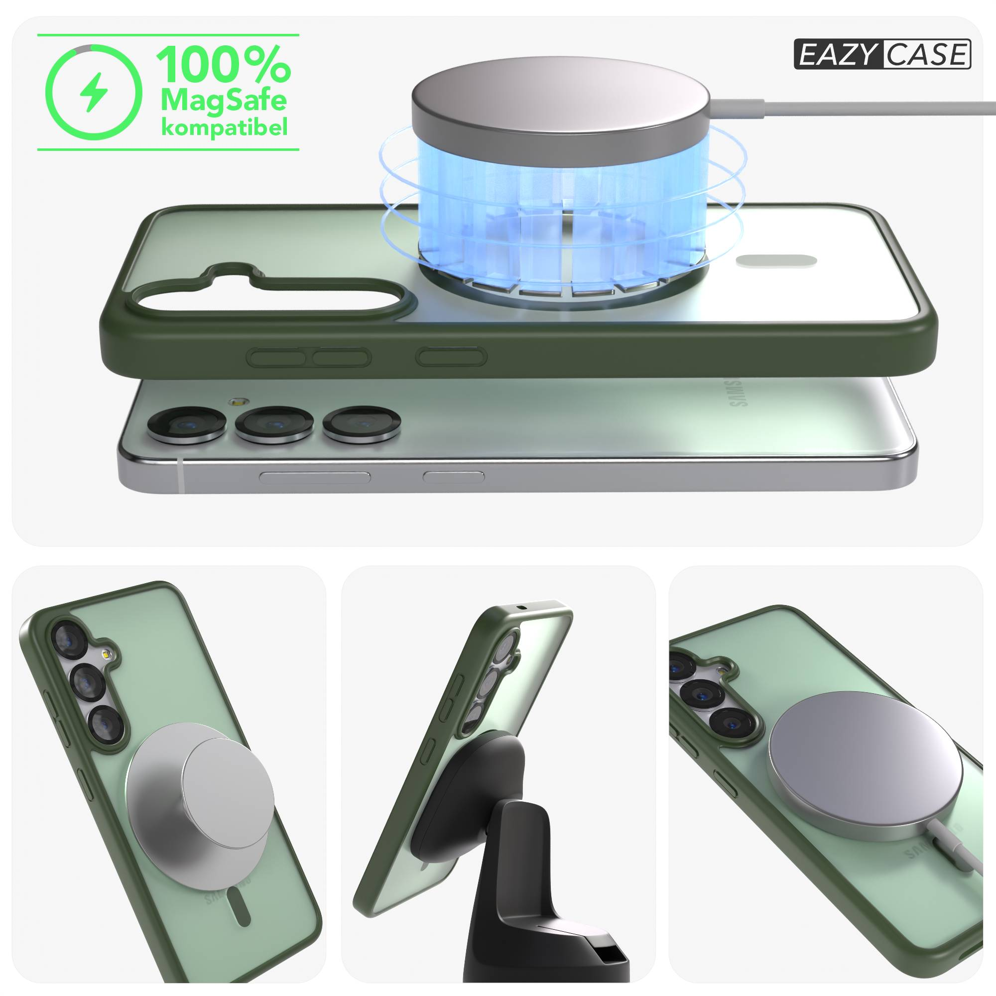 Grüne Handyhülle mit MagSafe-Ladegerät und Handy.
