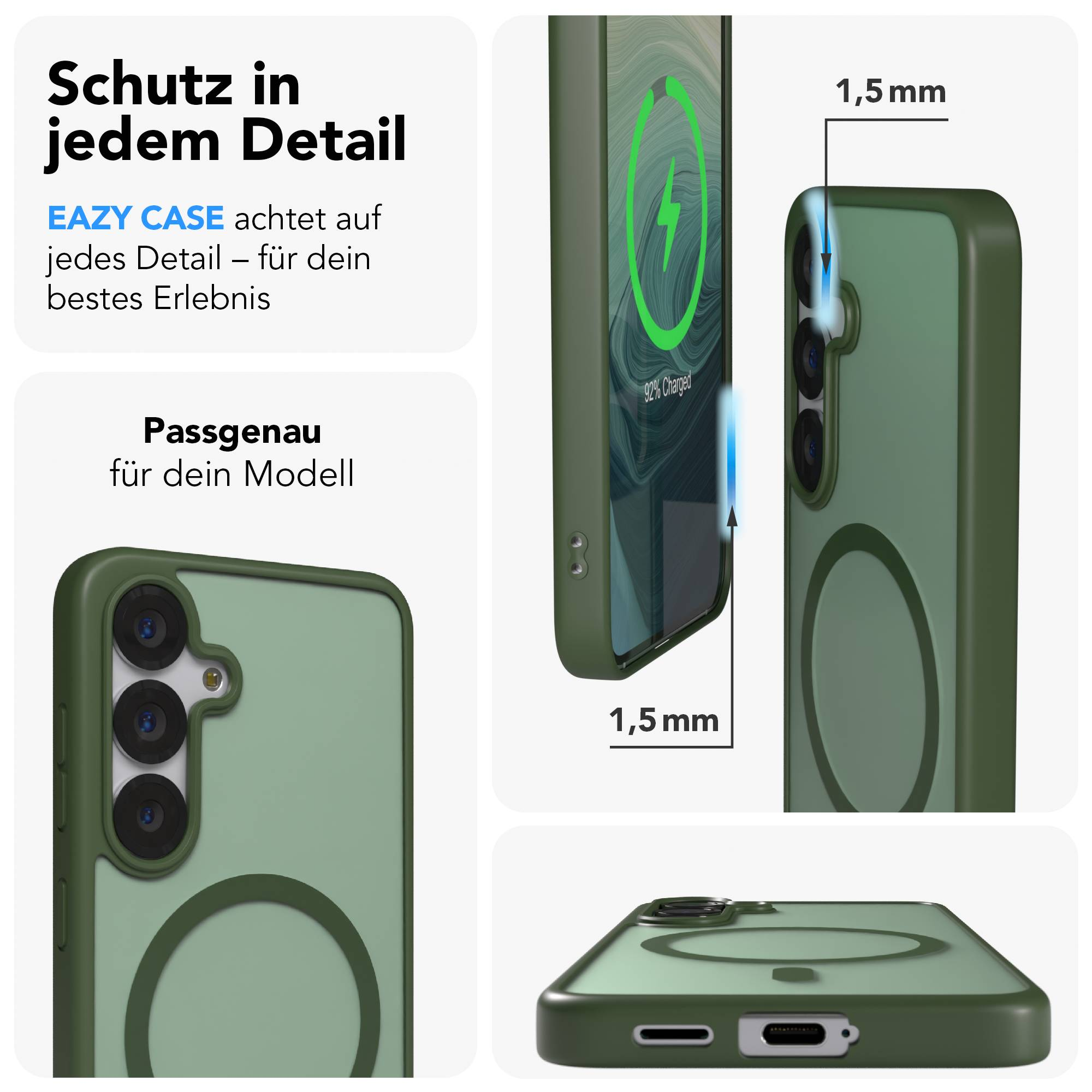 Grüne Handyhülle mit Magnetring und Ladeanzeige.