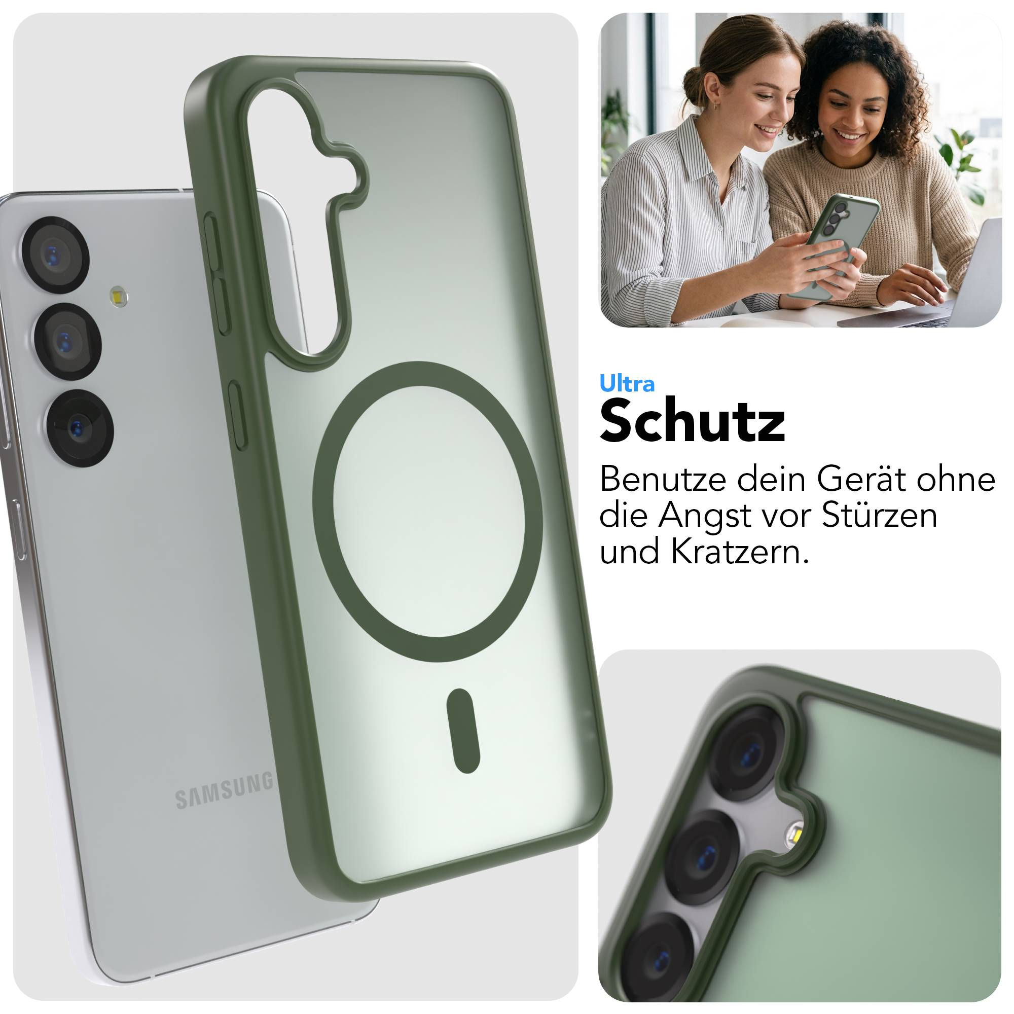 Grüne Handyhülle mit MagSafe-Ring auf einem Samsung-Telefon.