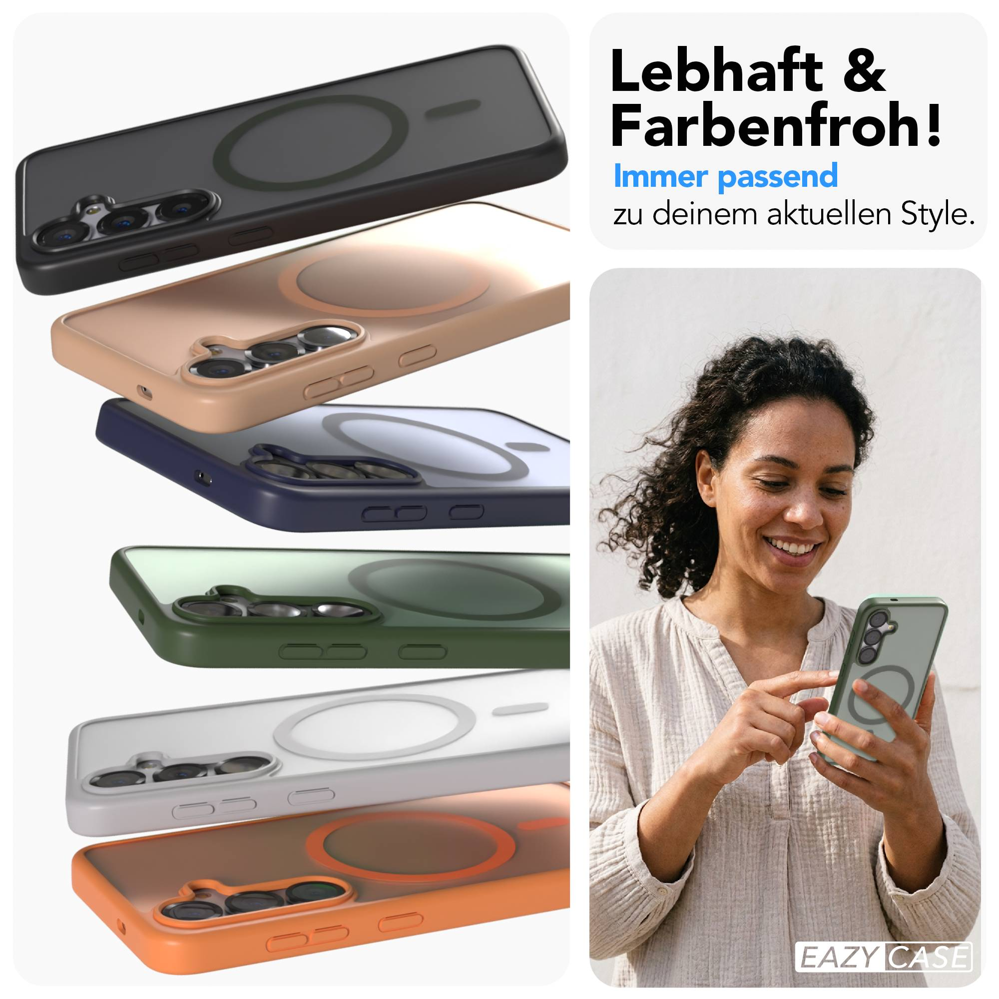 Eine Frau hält ein Handy in einer grünen Hülle. Mehrere Handyhüllen sind gestapelt.