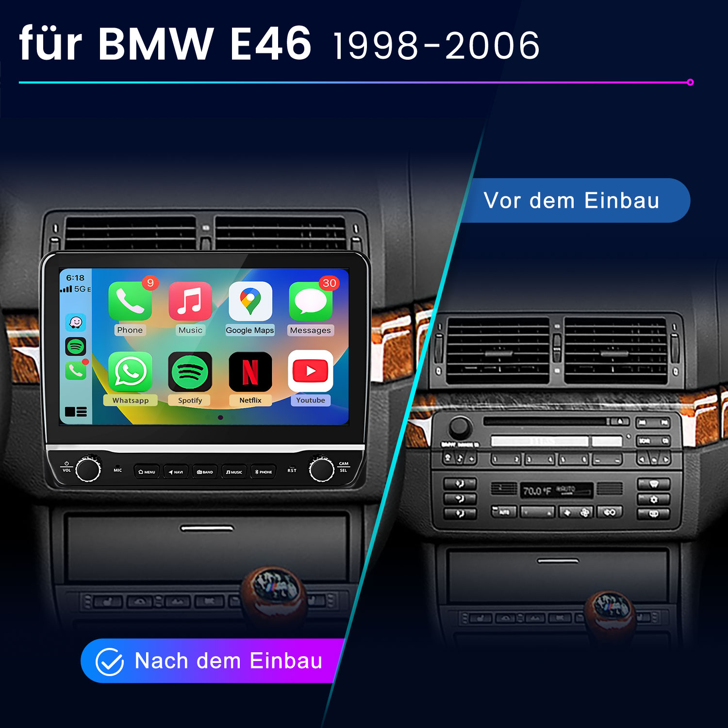 Vorher/Nachher-Vergleich eines BMW E46 mit neuem Infotainmentsystem.