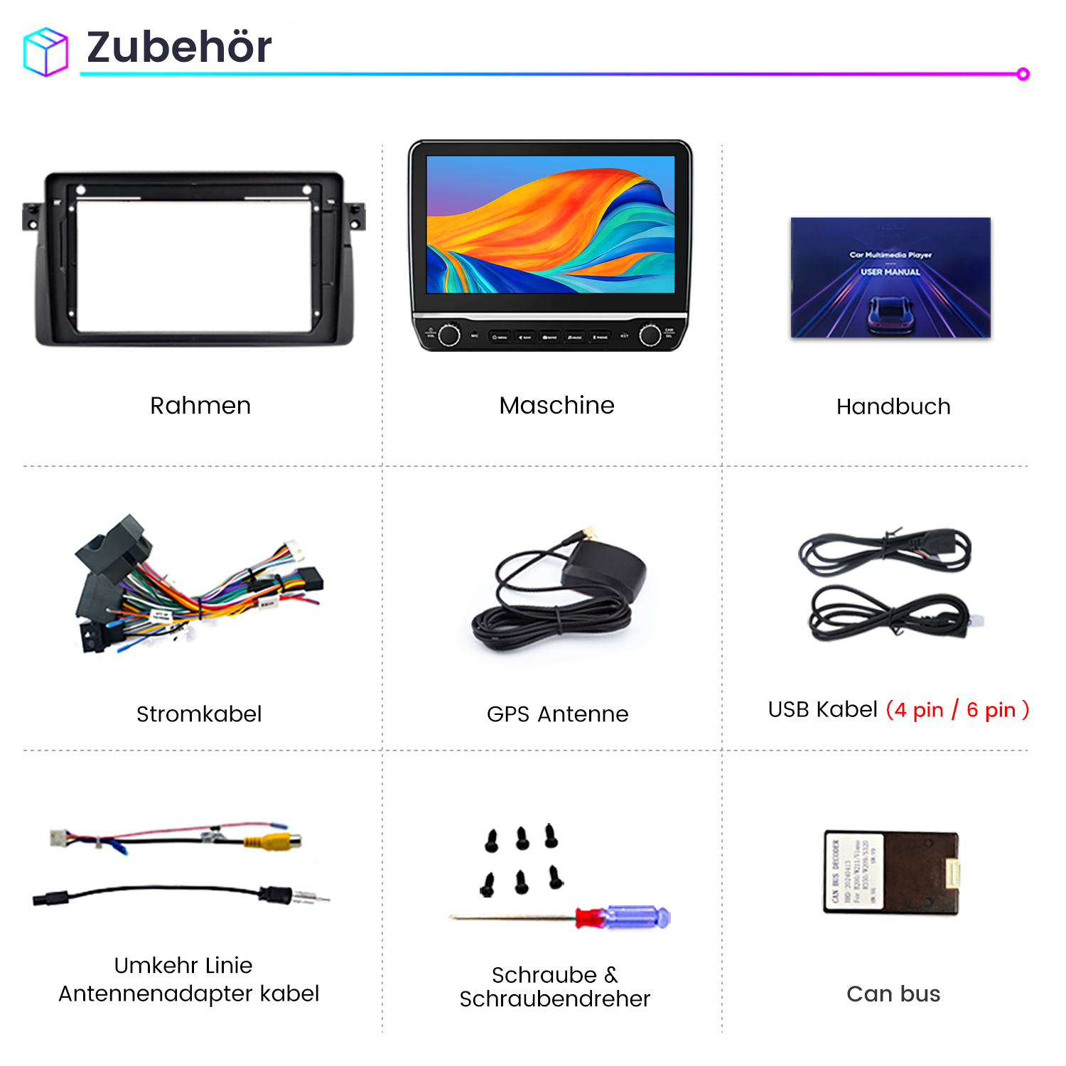 Zubehör: Rahmen, Maschine, Handbuch, Stromkabel, GPS Antenne, USB Kabel, Umkehr Linie, Schraube & Schraubendreher, Can bus.