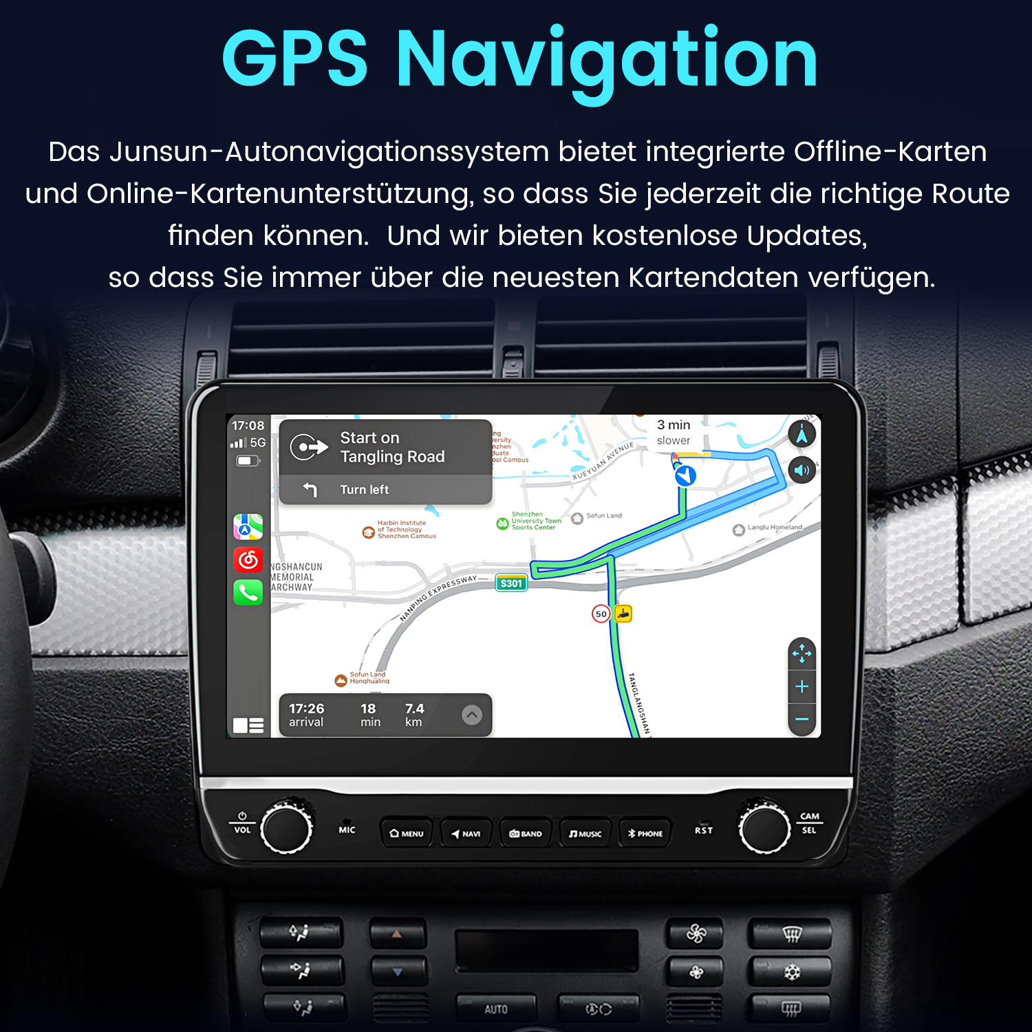 Armaturenbrett mit GPS-Navigationsbildschirm, der die Route anzeigt.