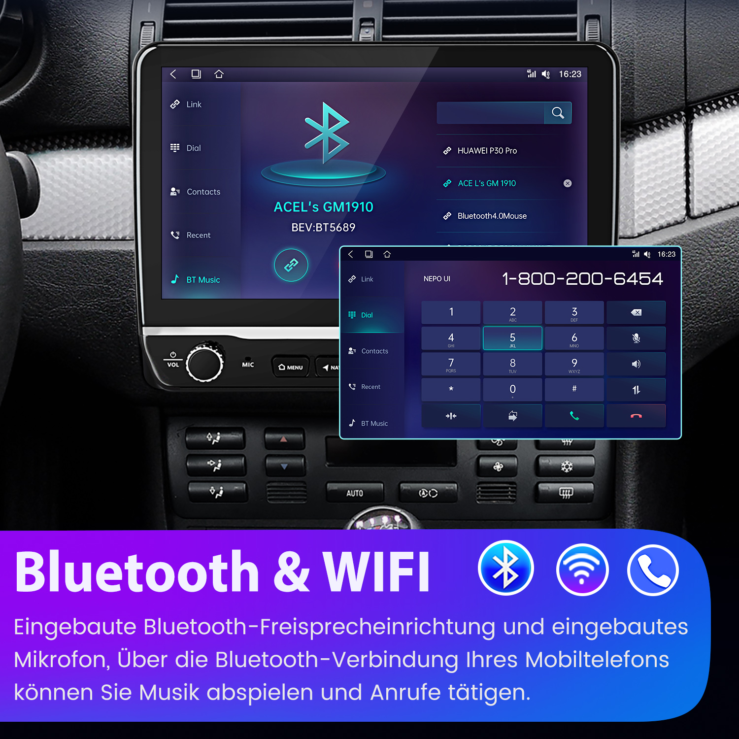Ein Auto-Infotainment-Bildschirm zeigt ein Telefon-Wählfeld und Bluetooth-Optionen.