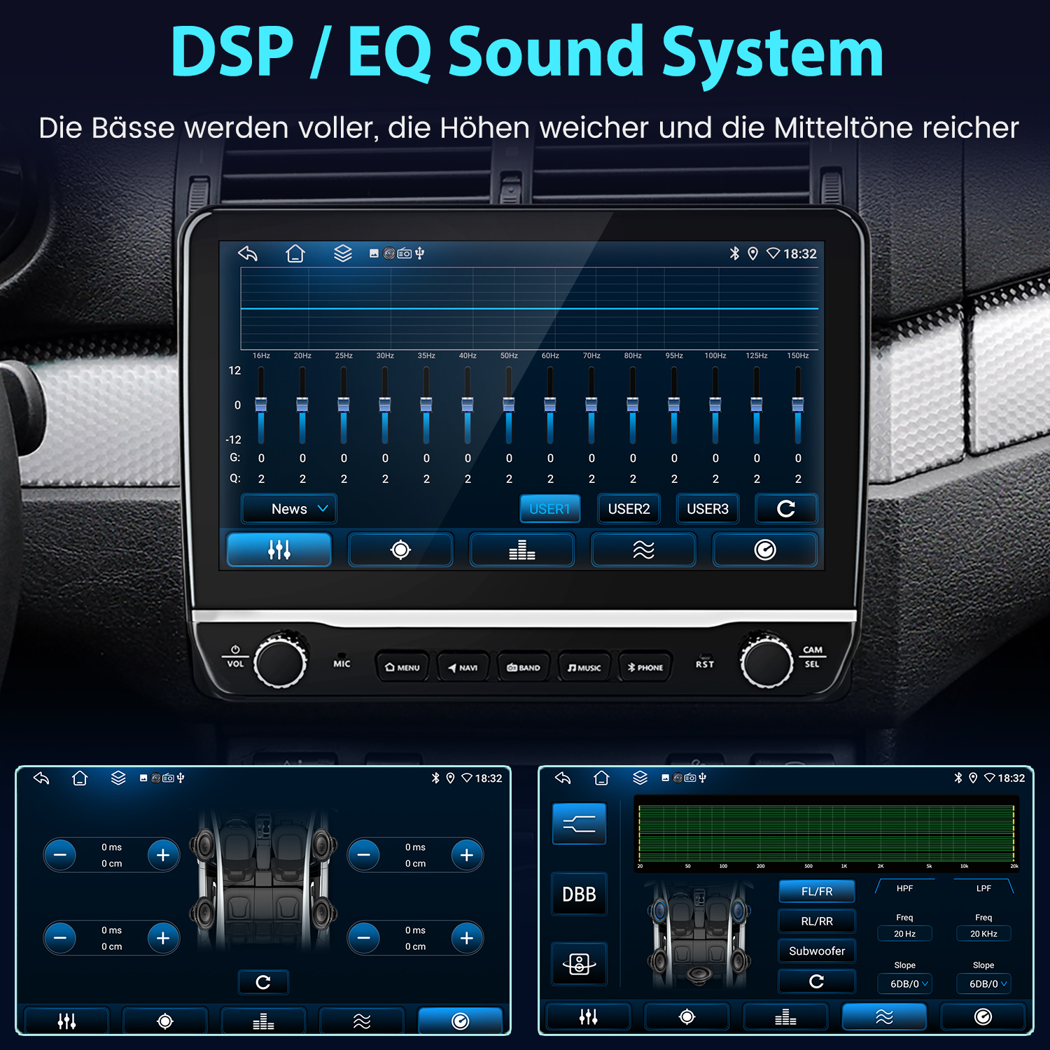 Autoradio-Bildschirm mit DSP/EQ-Sound-System-Menü und Equalizer-Einstellungen.