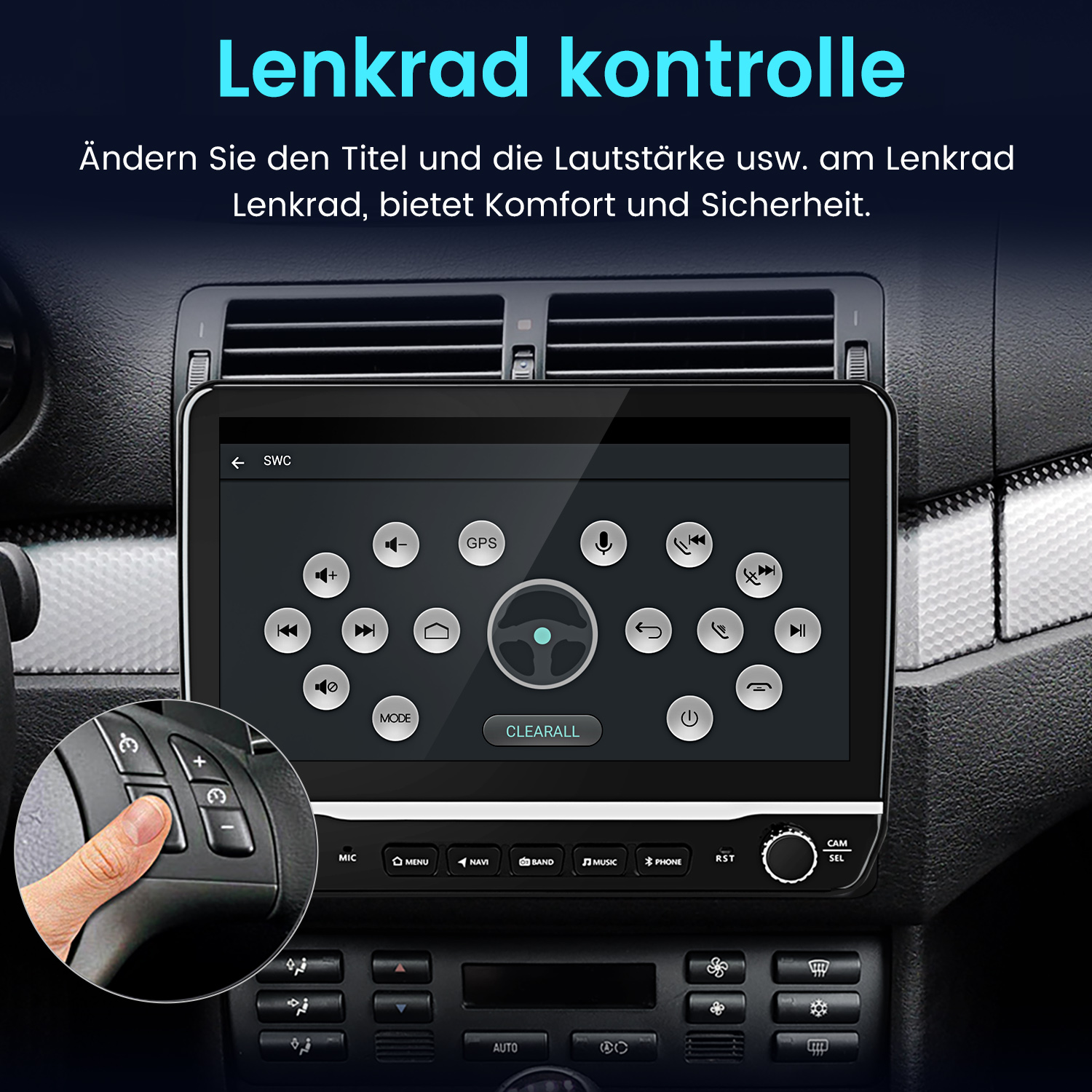 Ein Finger bedient ein Lenkrad-Display mit Steuerungssymbolen.