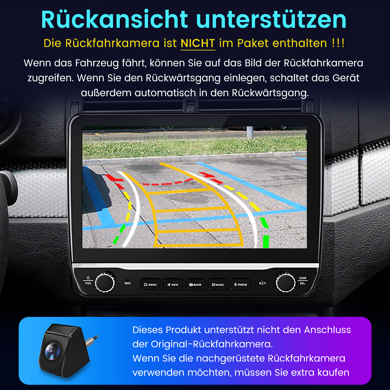 Auto-Display zeigt Rückfahrkamera-Ansicht mit Parklinien und eine kleine Kamera.