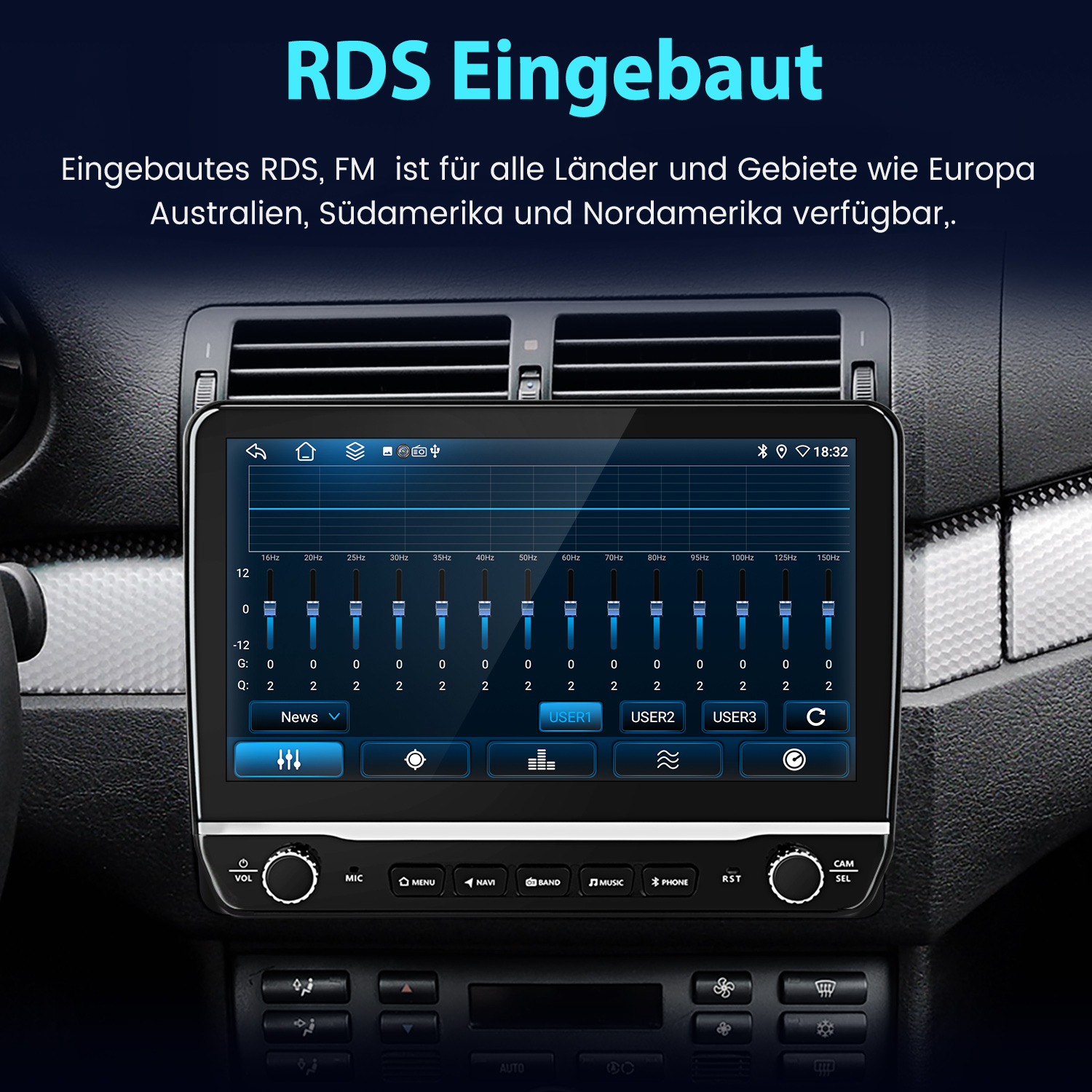 Ein Autoradio-Bildschirm zeigt einen Equalizer mit Schiebereglern und Frequenzbändern.