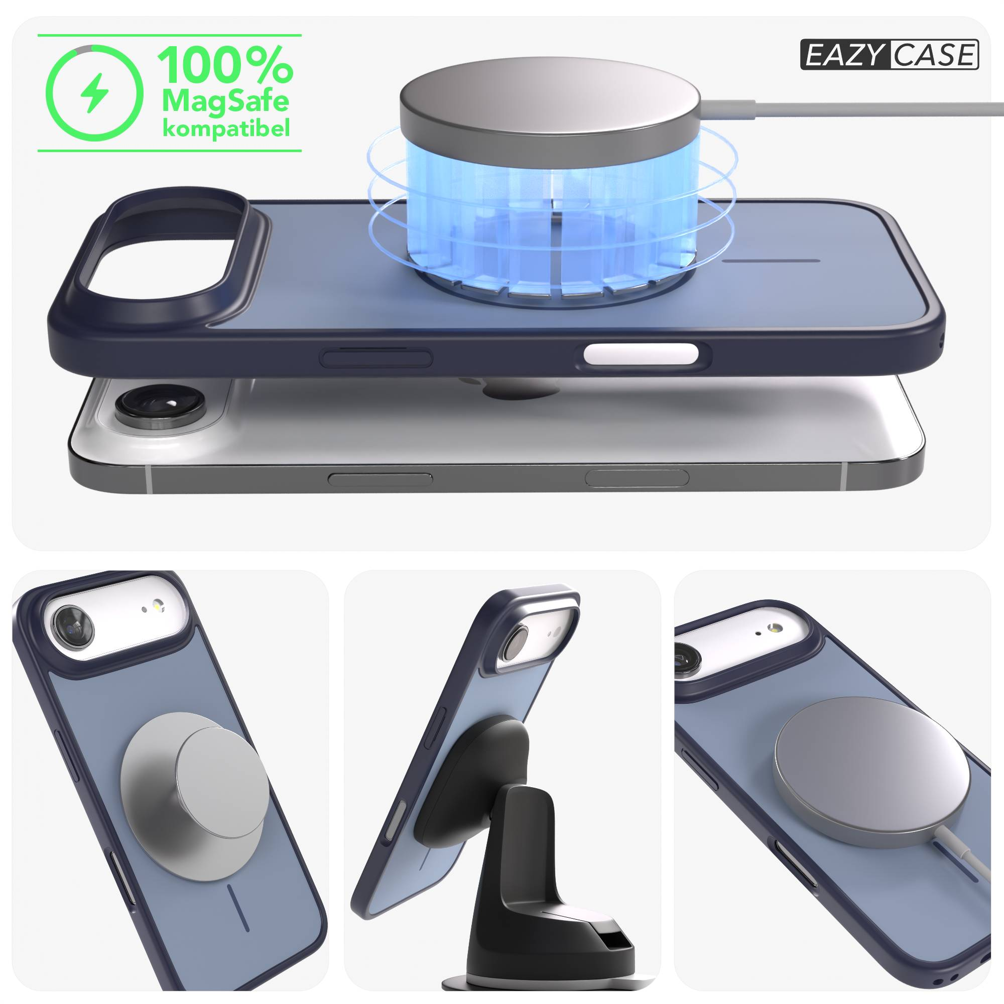 iPhone mit MagSafe Ladeadapter und Hülle, mit verschiedenen Halterungen.