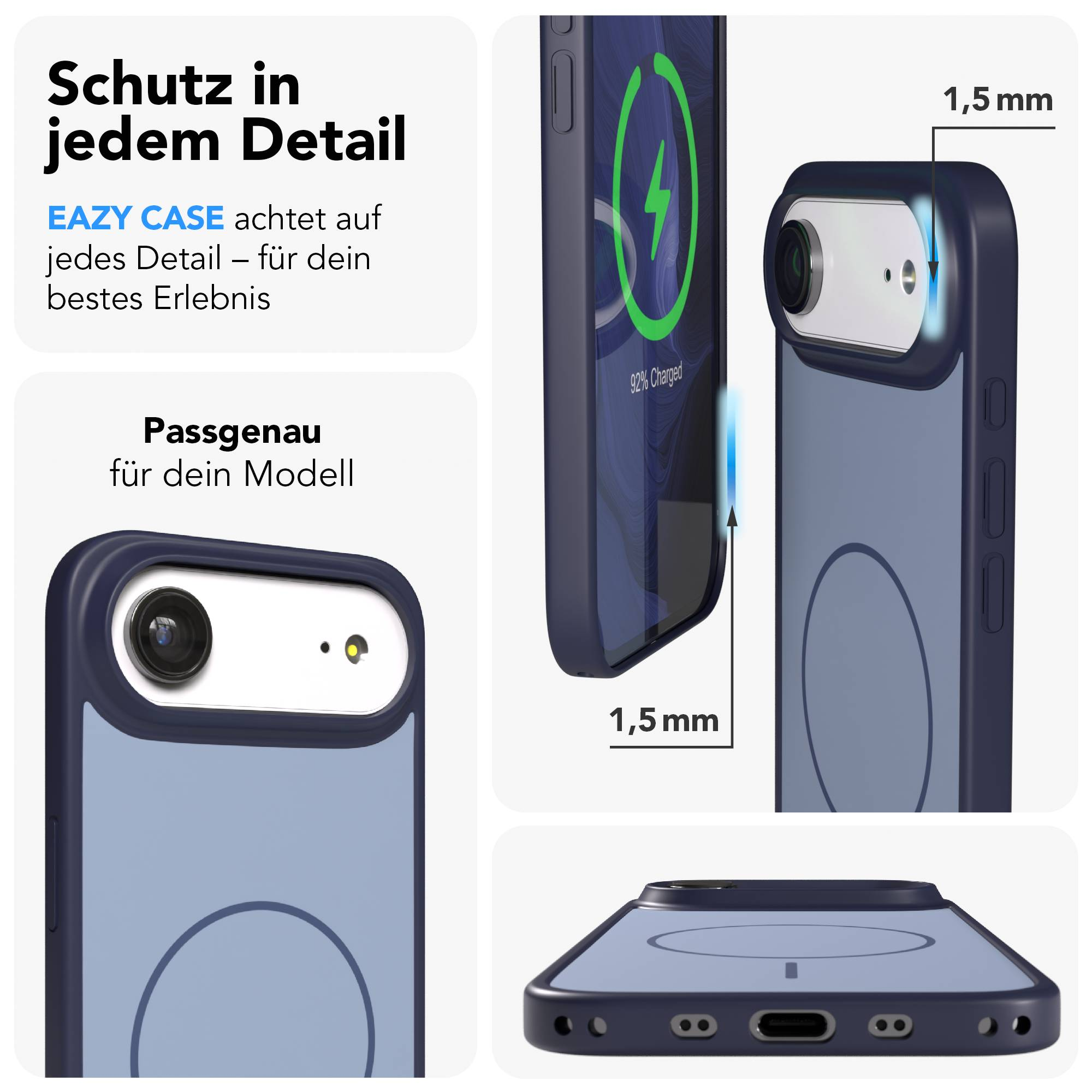Eine dunkle Handyhülle mit einem Ladeindikator und Kameradetails.