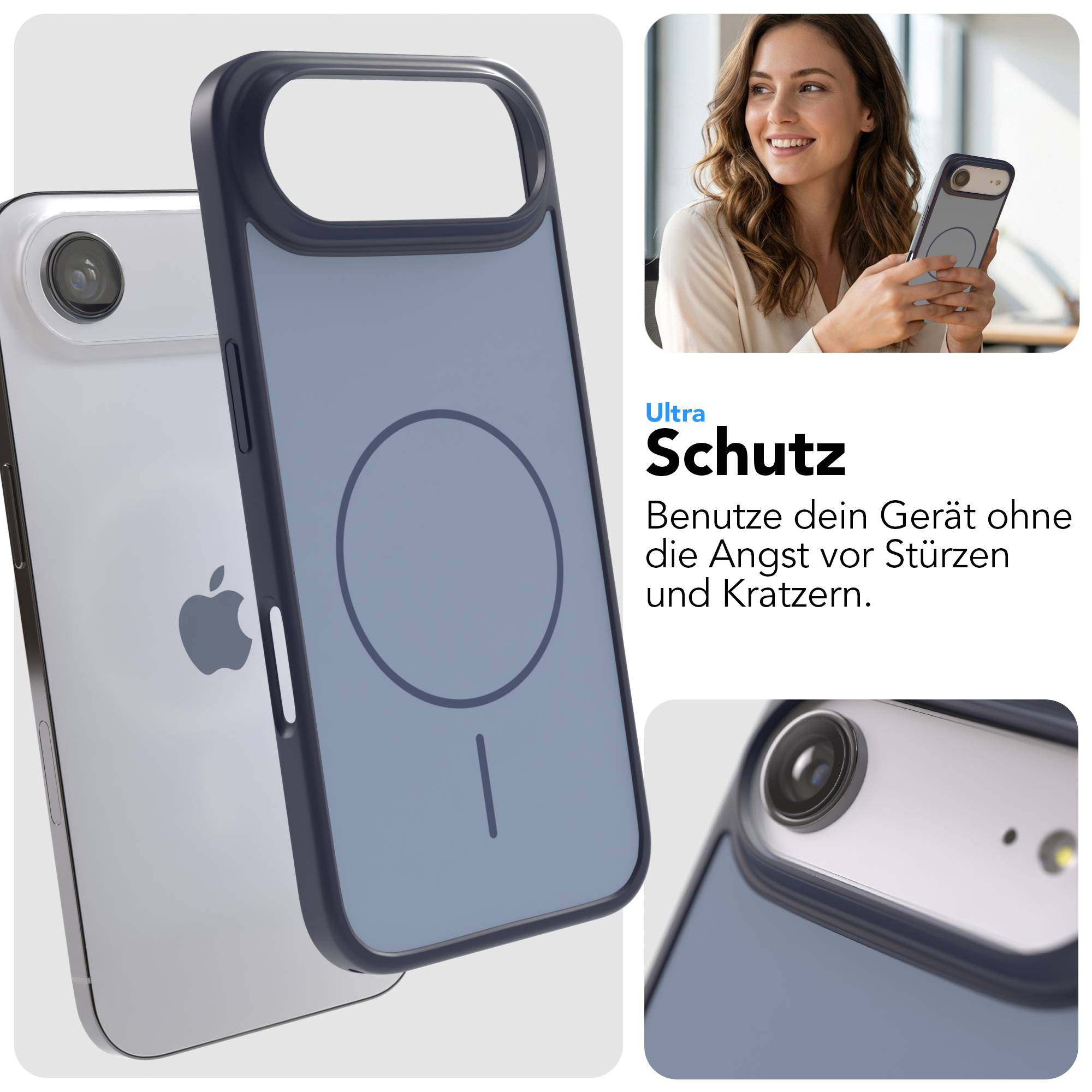 Ein iPhone mit blauer Hülle und Apple-Logo. Daneben ein Ausschnitt.