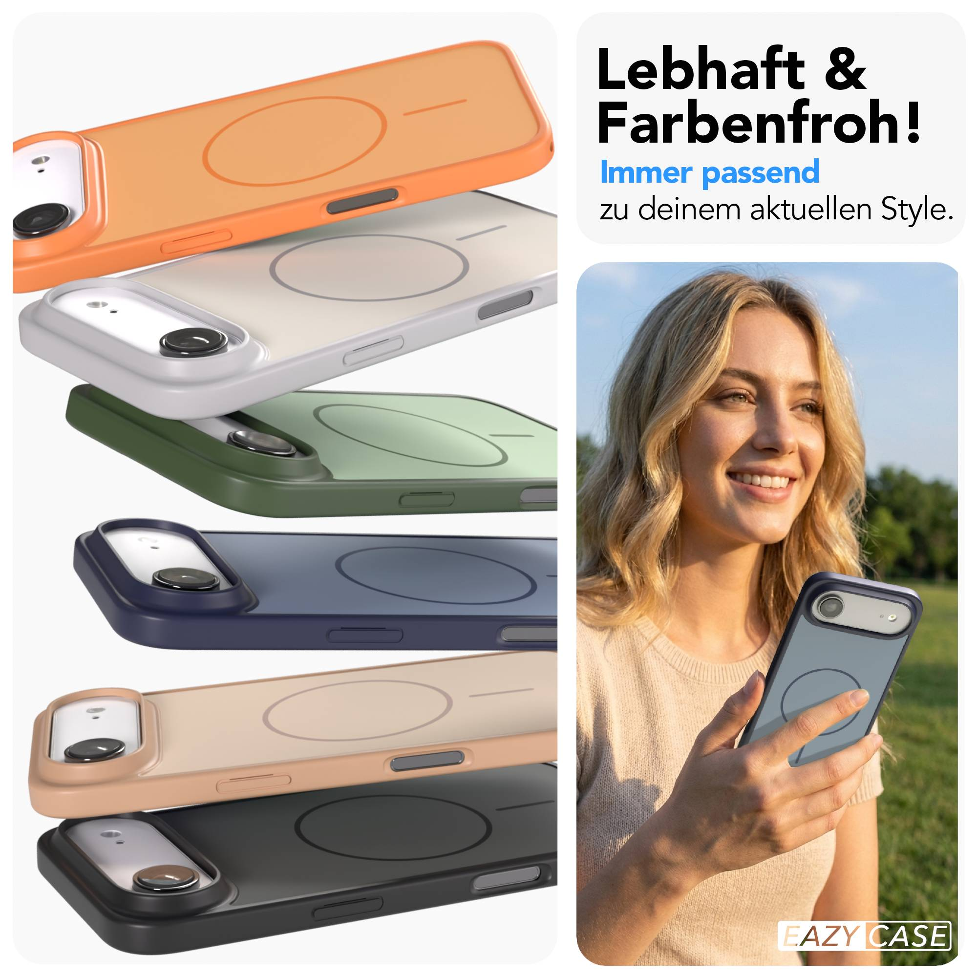 Mehrere Handyhüllen in Orange, Grau, Grün, Blau, Beige und Schwarz.