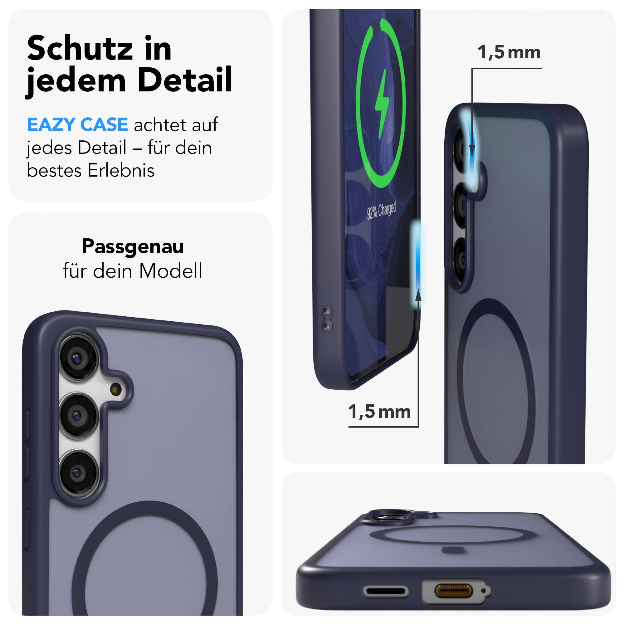 Dunkelblaue Handyhülle mit Ladeanzeige. 1,5 mm Dicke.