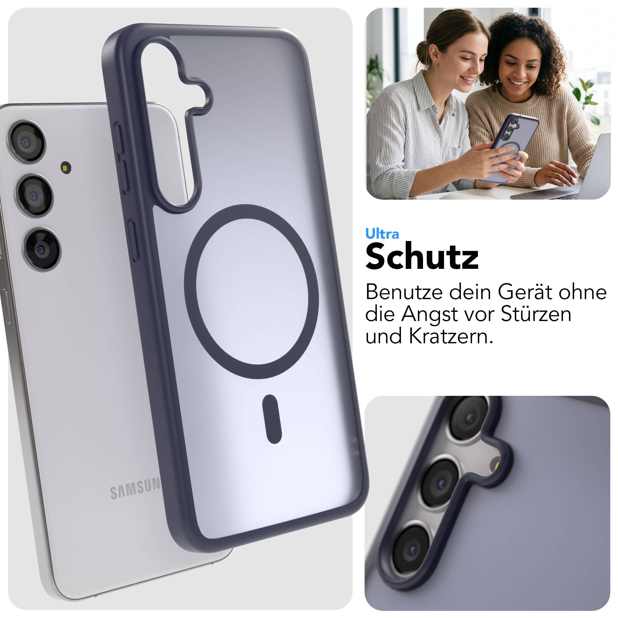 Transparente Handyhülle mit Magnetring und drei Kameras auf der Rückseite.