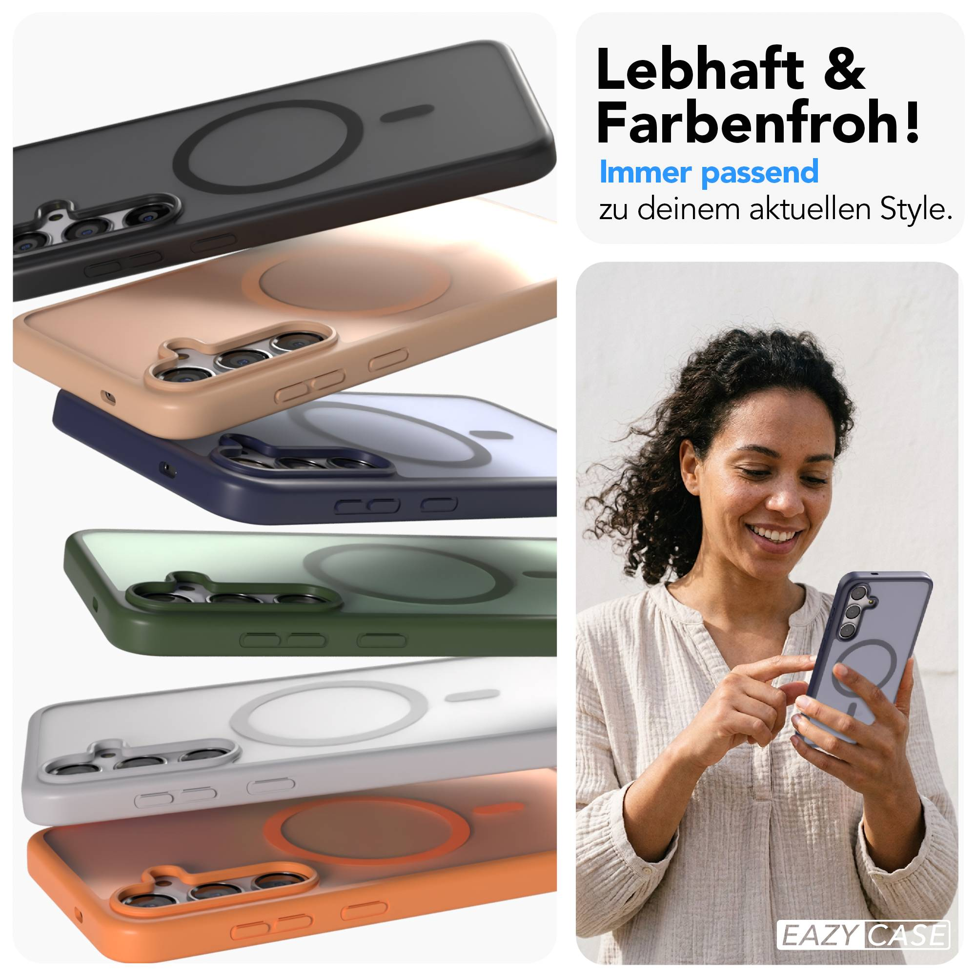 Eine Frau hält ein Smartphone mit einer magnetischen Handyhülle in der Hand.