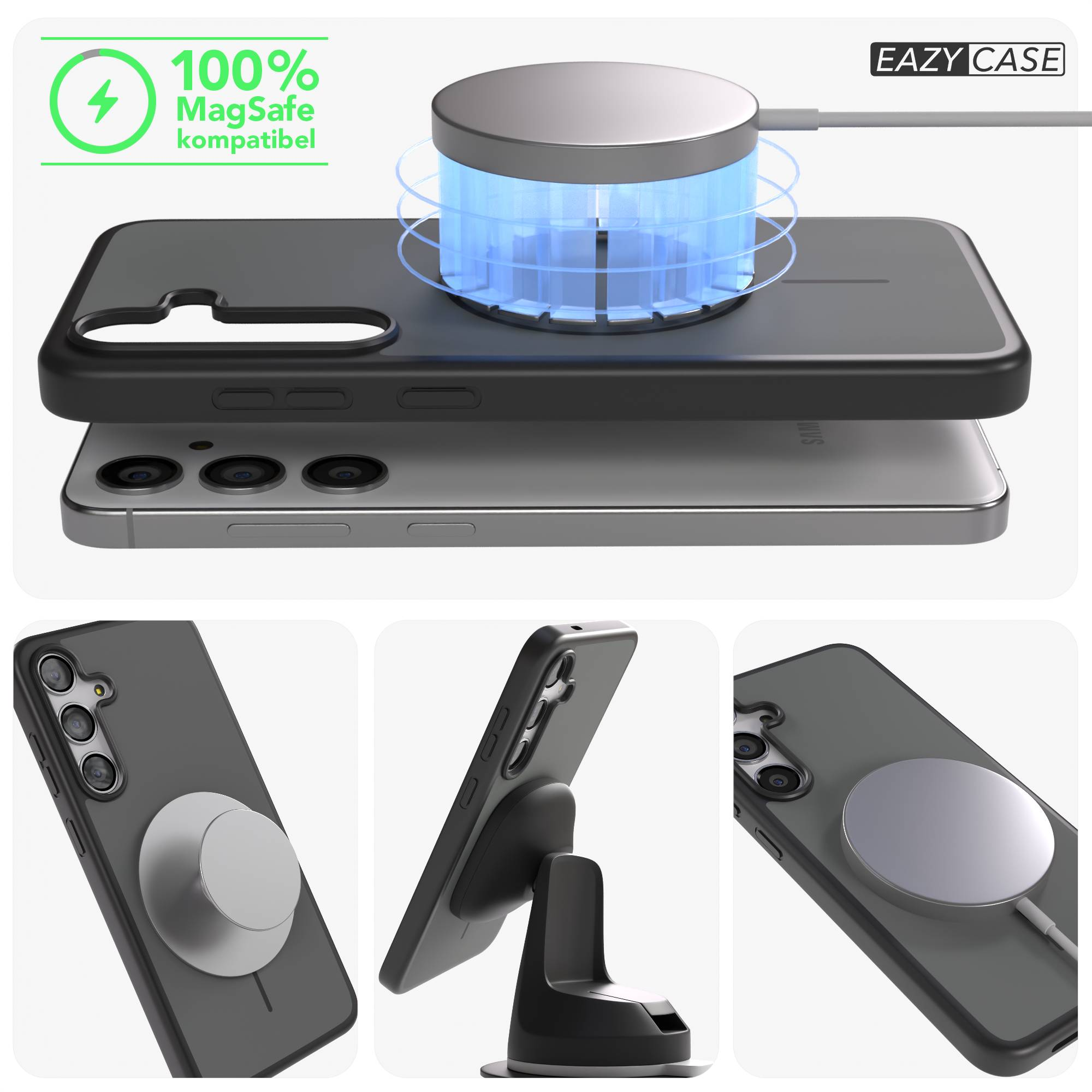 MagSafe Ladeadapter auf einem Smartphone mit schwarzem Case, 100% kompatibel.
