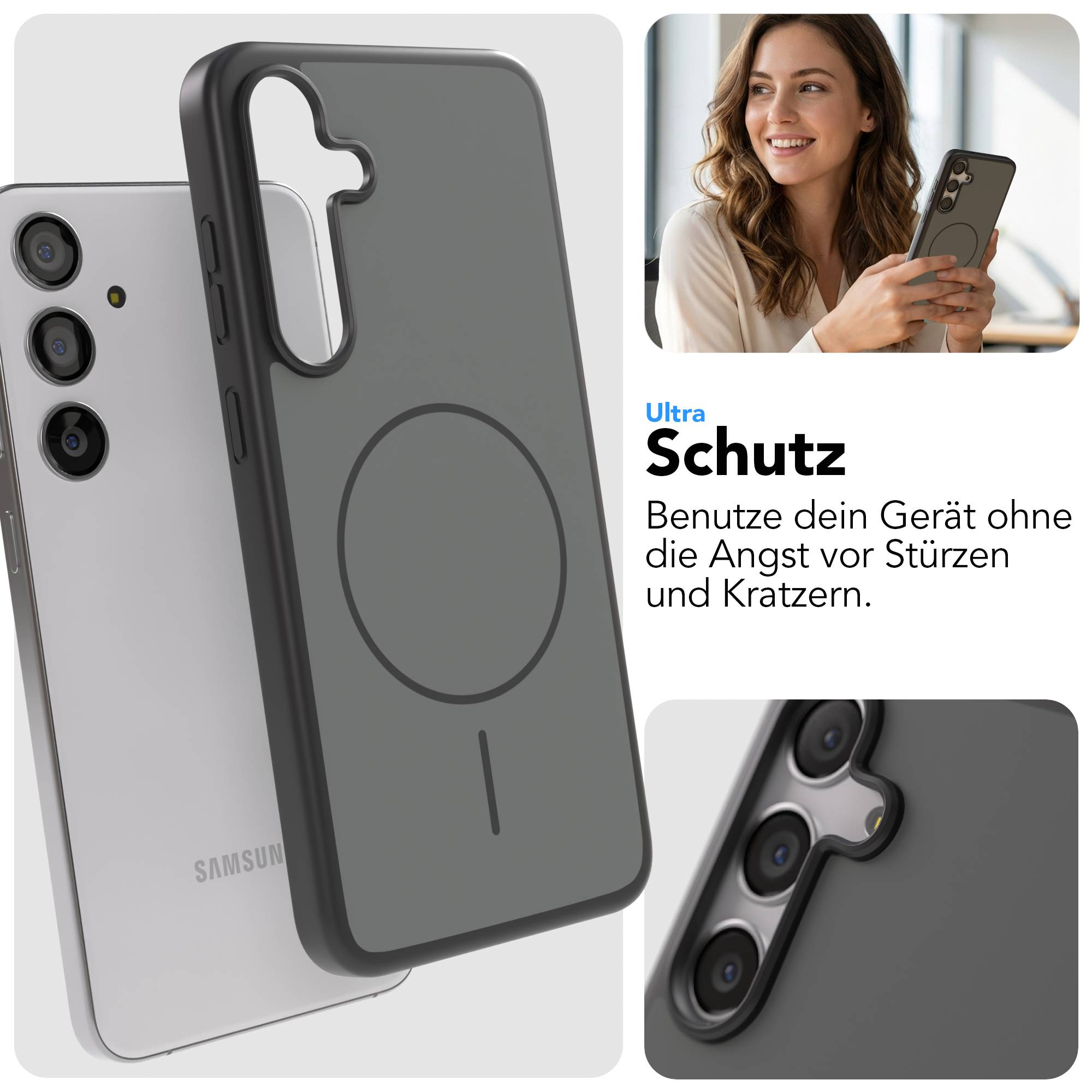 Ein graues Handycover auf einem silbernen Handy mit Kameras