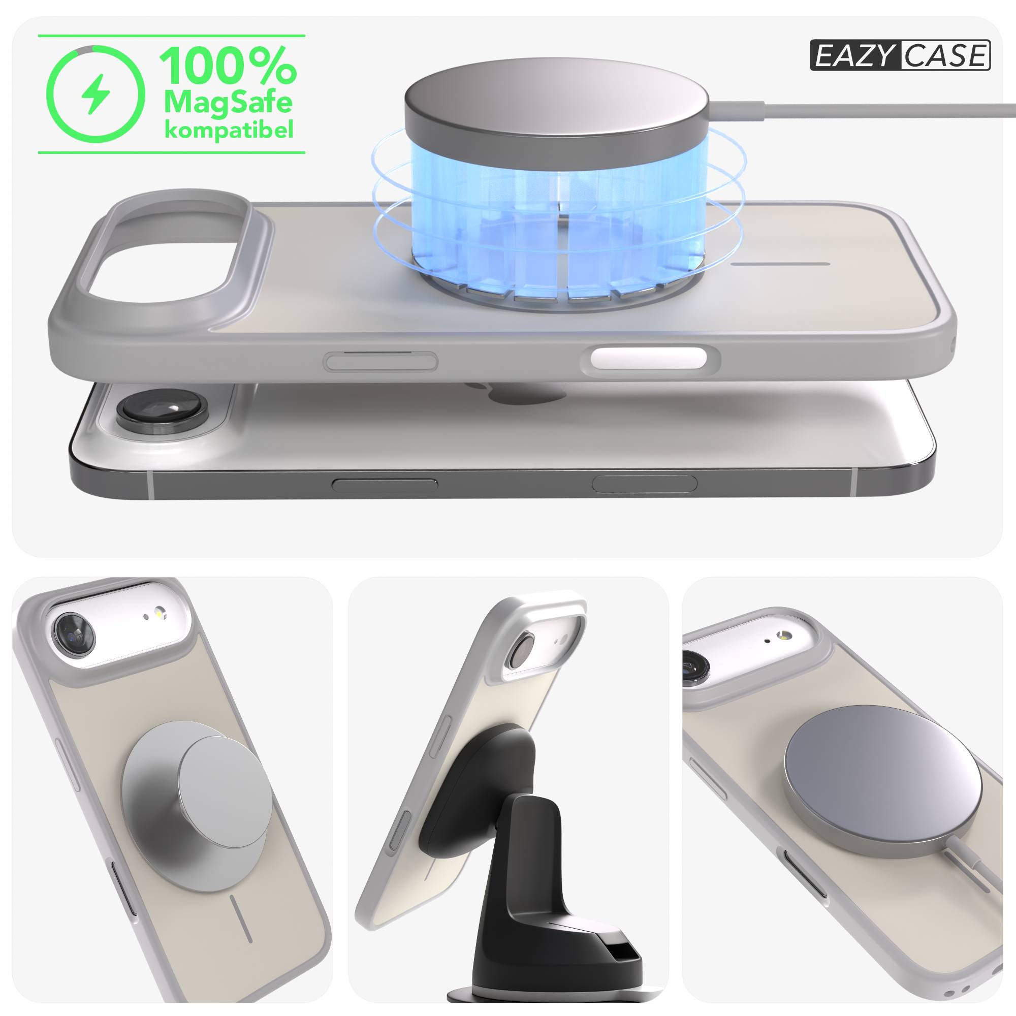 Ein iPhone mit MagSafe-Hülle wird auf einem Ladegerät platziert.