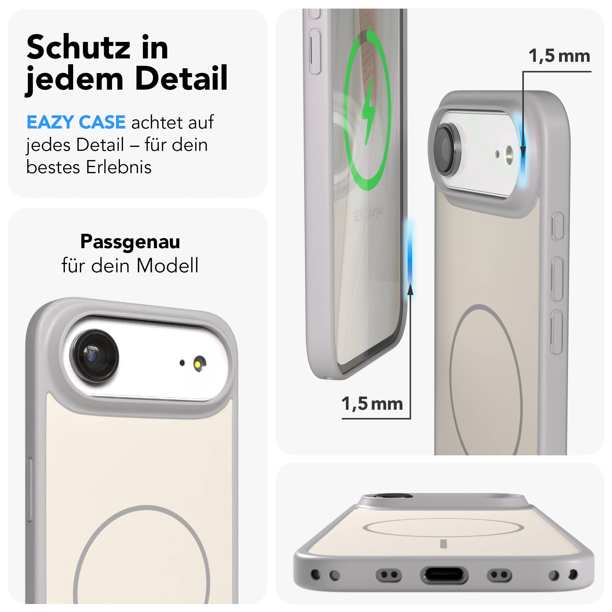 Graue Handyhülle mit Fokus auf Kamera und Ladeanzeige. 1,5mm Schutz.