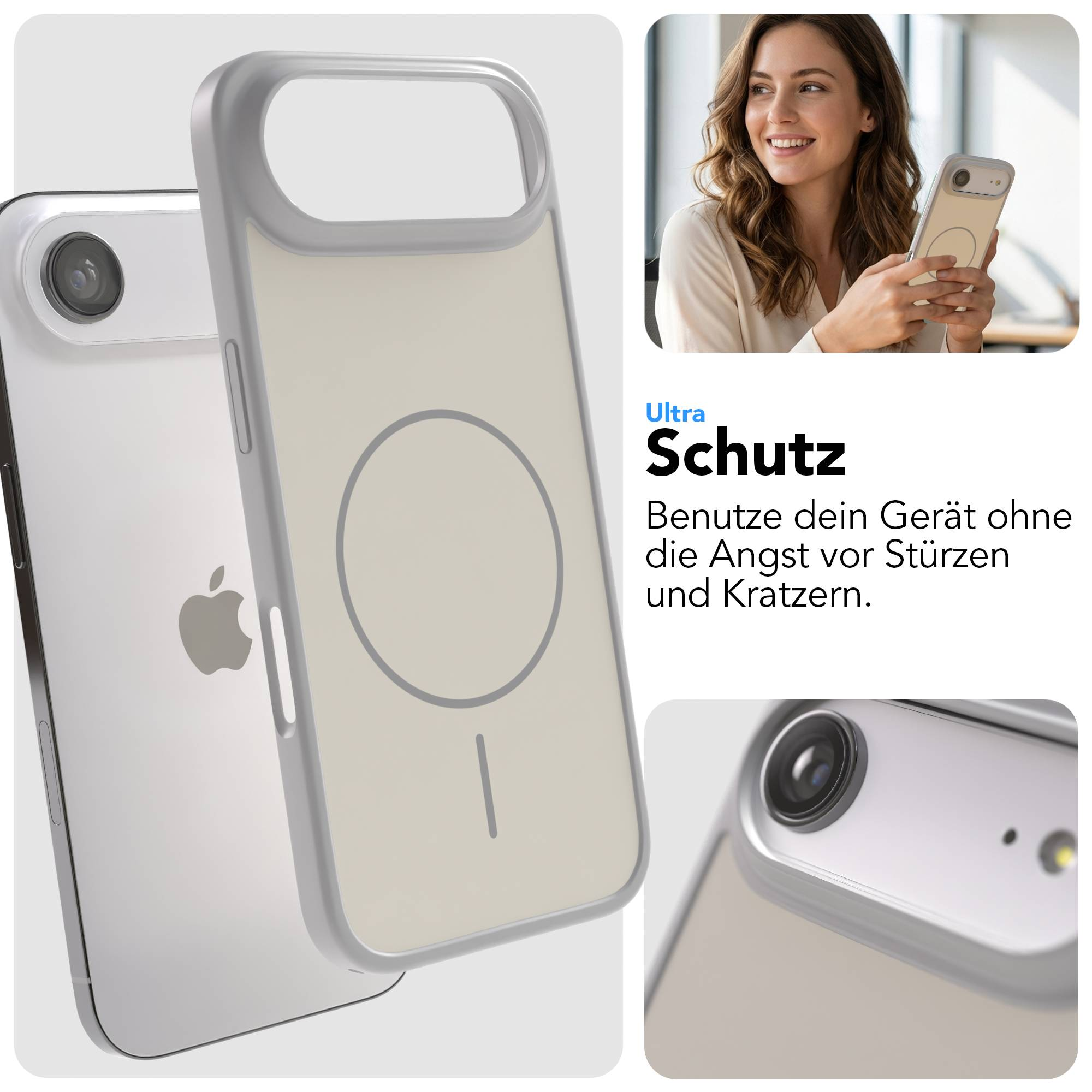 Transparente Hülle mit grauem Rand für ein Smartphone, mit Magnetkreis.