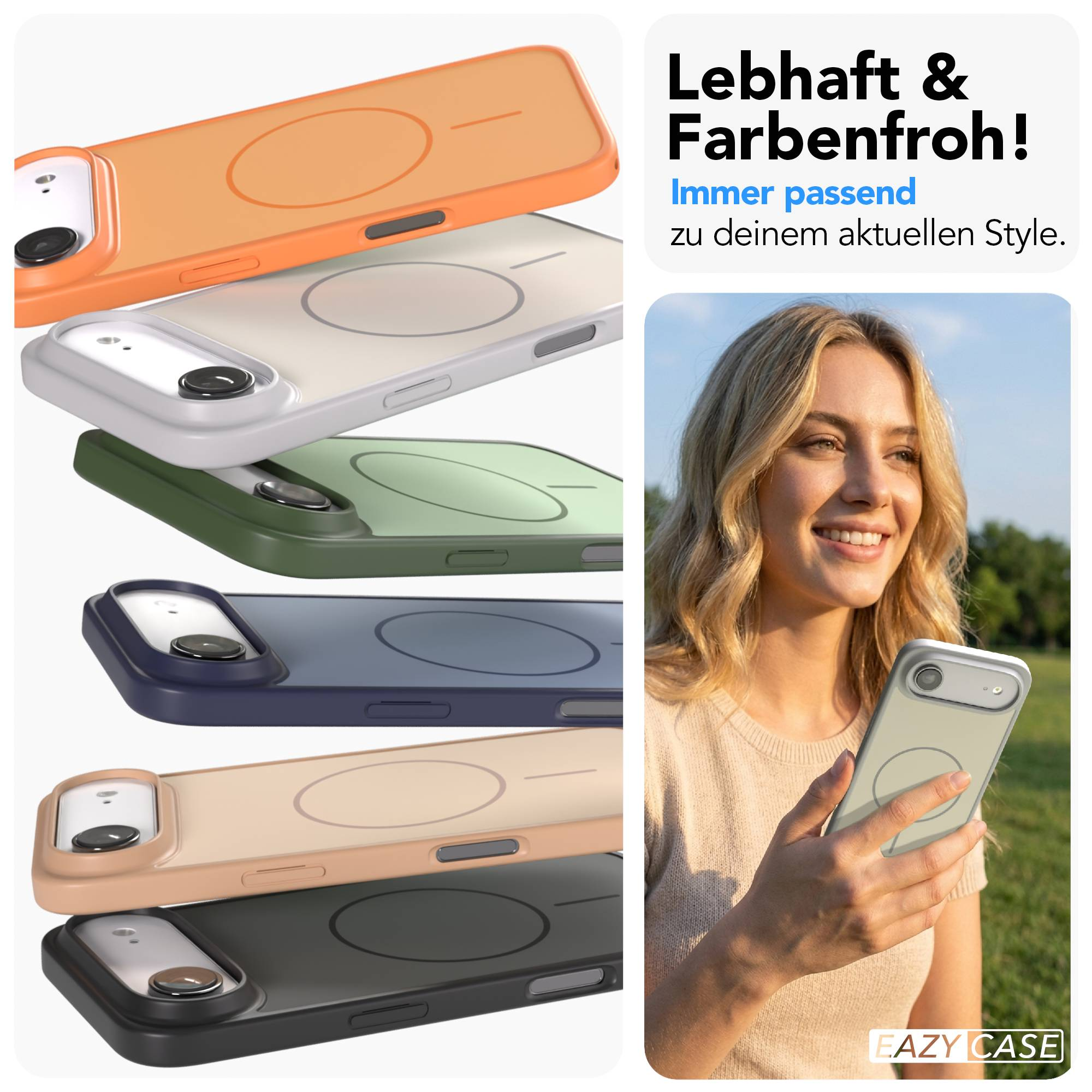 Stapel bunter Handyhüllen neben einer lächelnden Frau mit Handy.