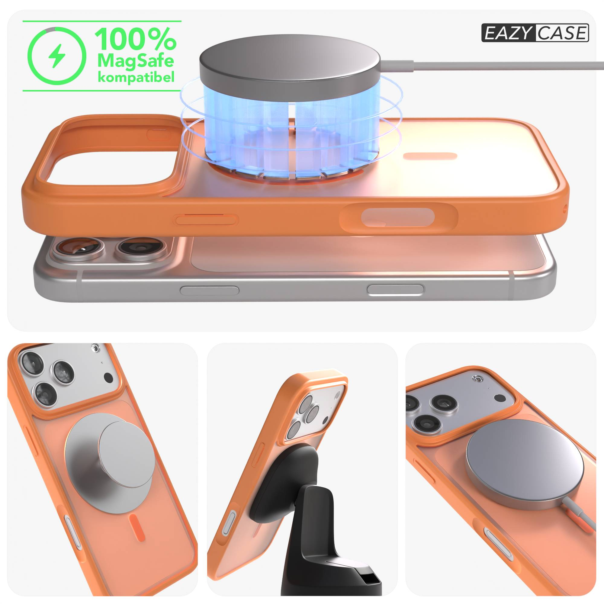 Orange Hülle mit MagSafe-Ladegerät auf einem iPhone.