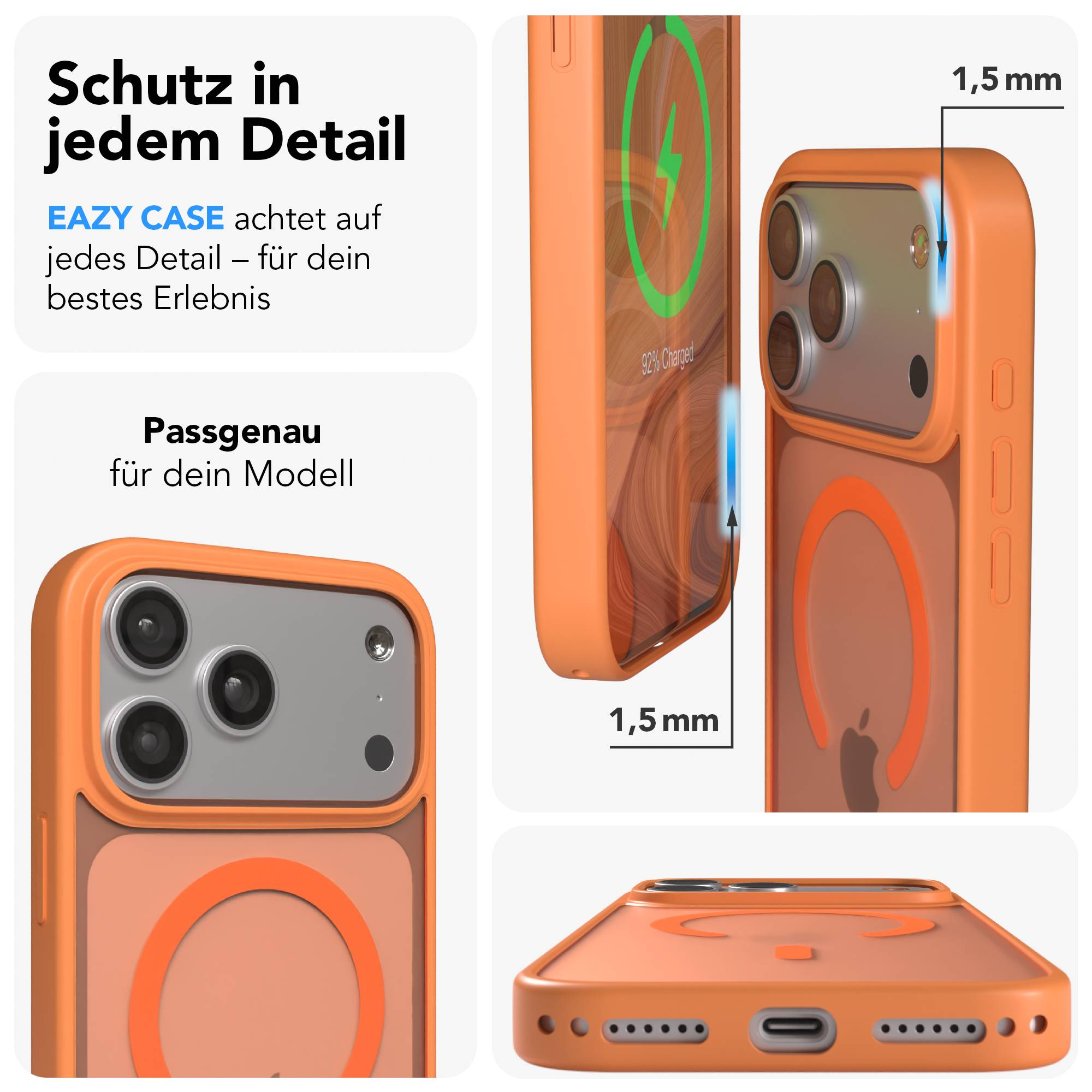 Orange Handyhülle mit drei Kameras, MagSafe-Ring und 1,5mm Schutz.