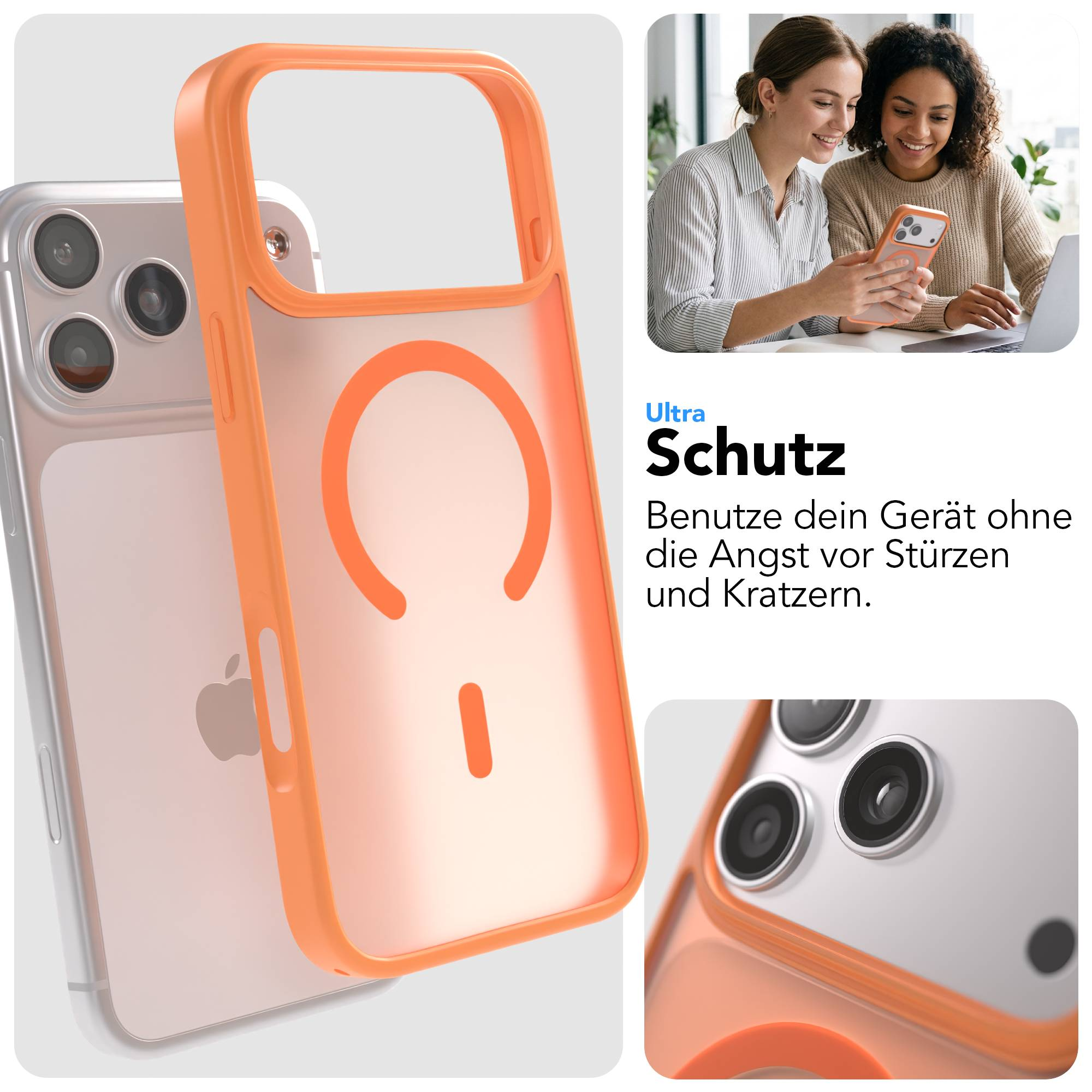 Orangefarbene Hülle für iPhone, zwei Frauen schauen auf ein Handy.