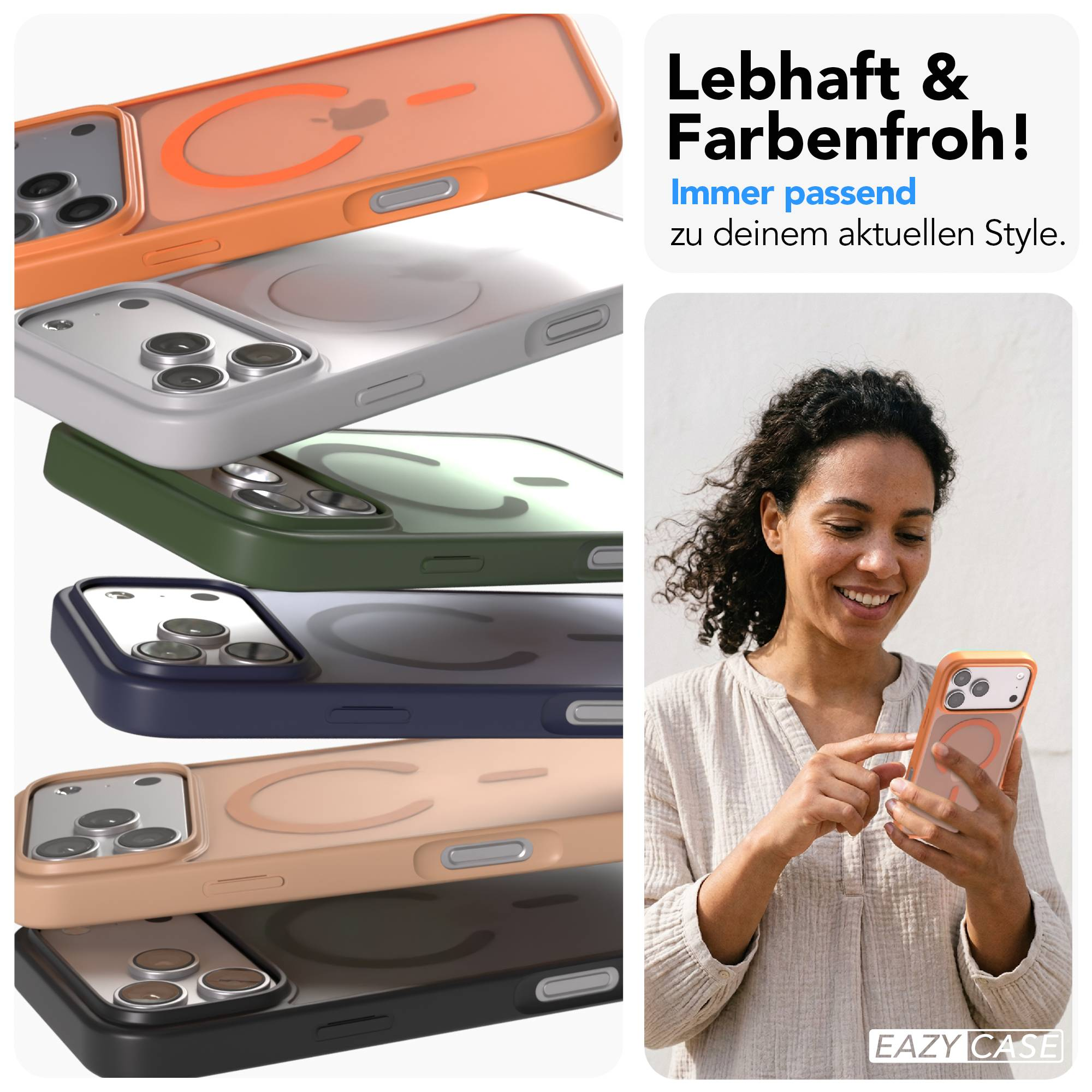 Eine Frau hält ein Handy mit Hülle. Mehrere bunte Handyhüllen liegen gestapelt.
