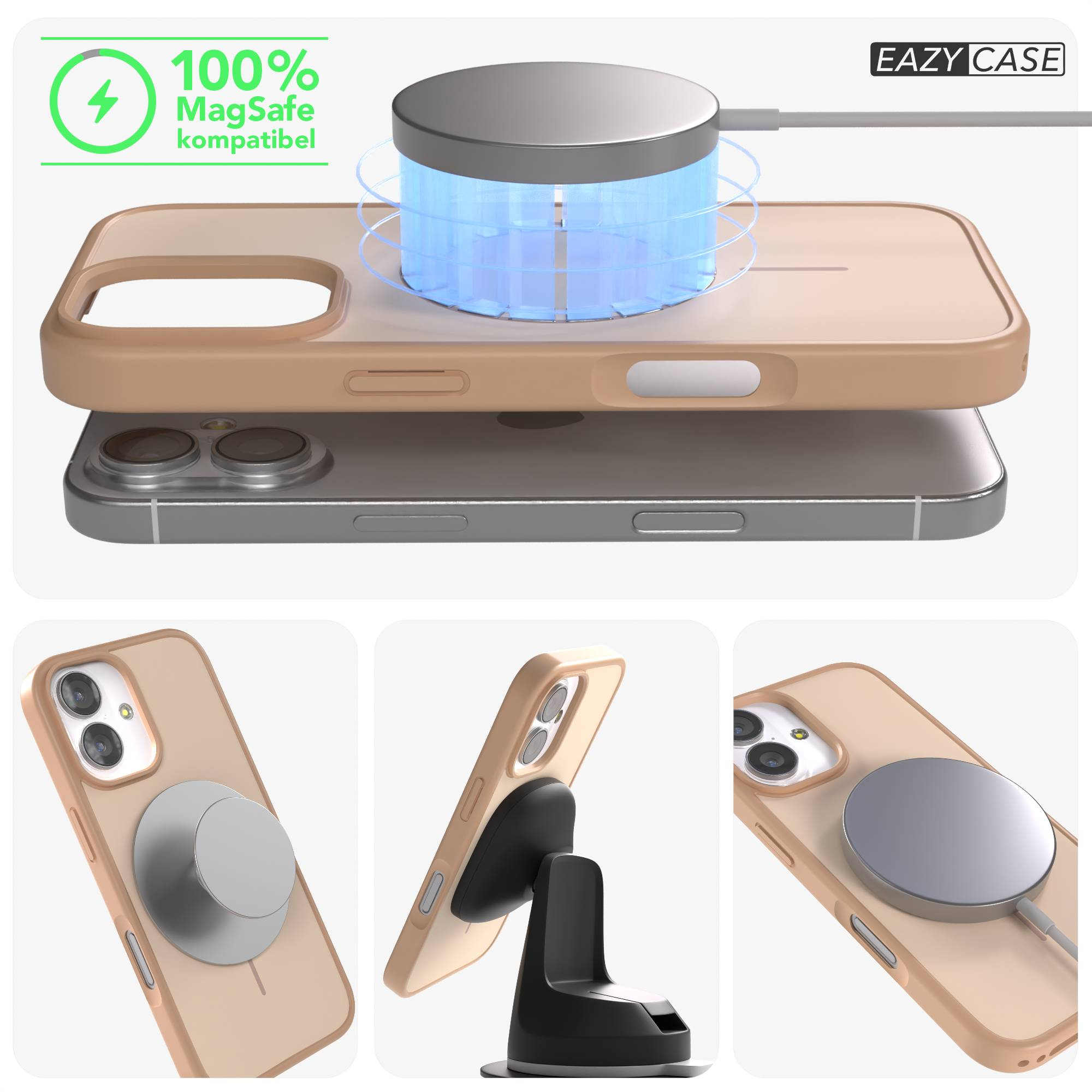 MagSafe Hülle mit Ladefunktion und iPhone-Modellen, Zubehör gezeigt.