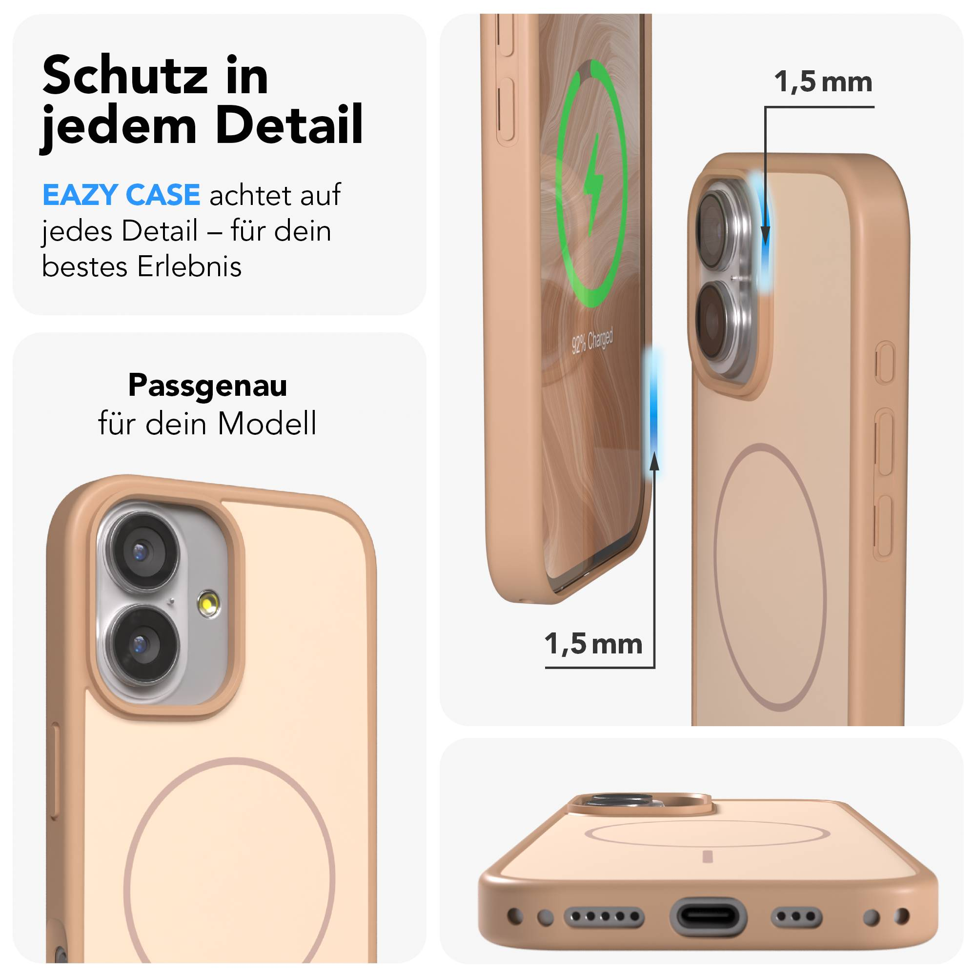 Ein hellbraunes Handycase wird gezeigt, das Schutz und Präzision bietet.