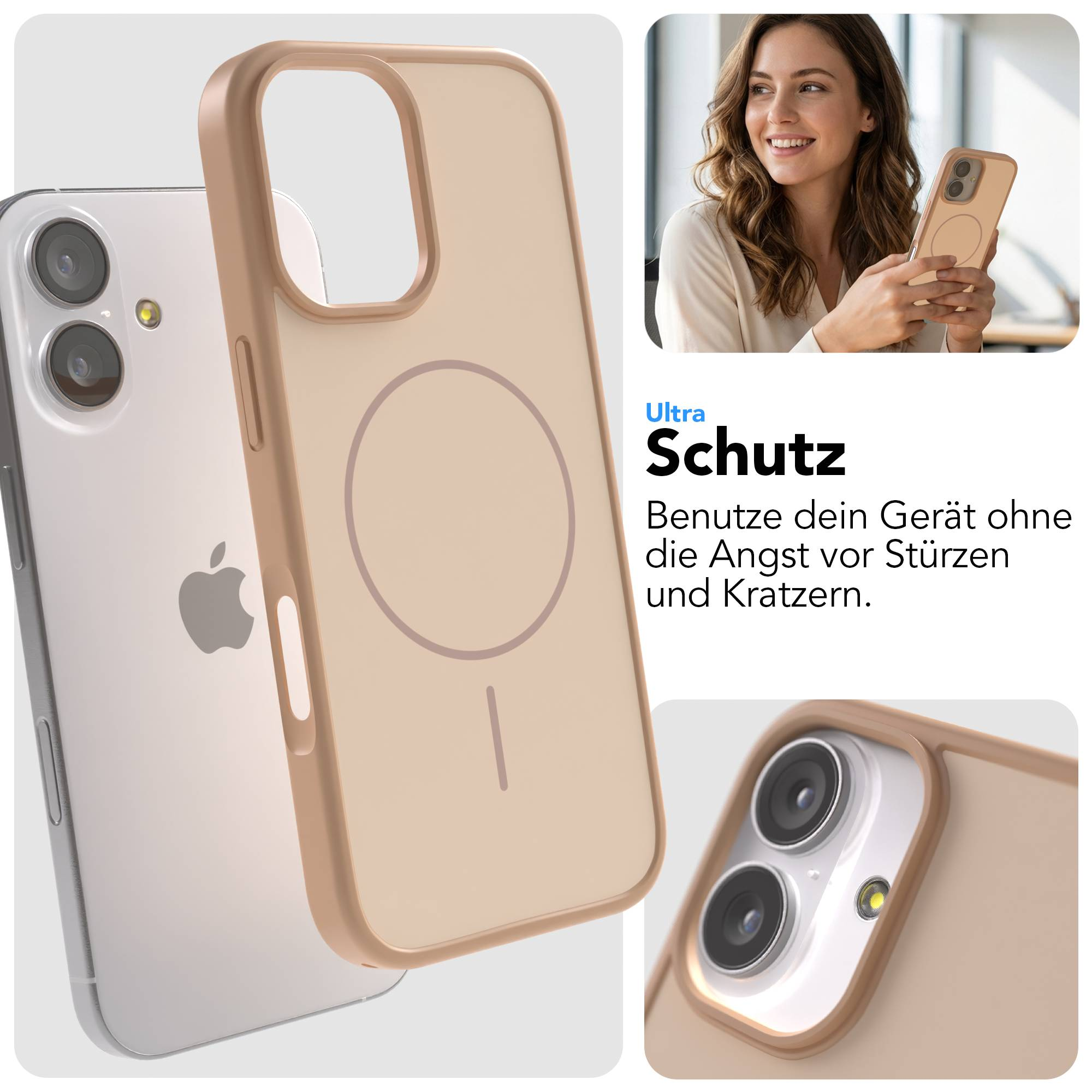 Ein iPhone mit Hülle und ein Bild einer Frau mit iPhone.