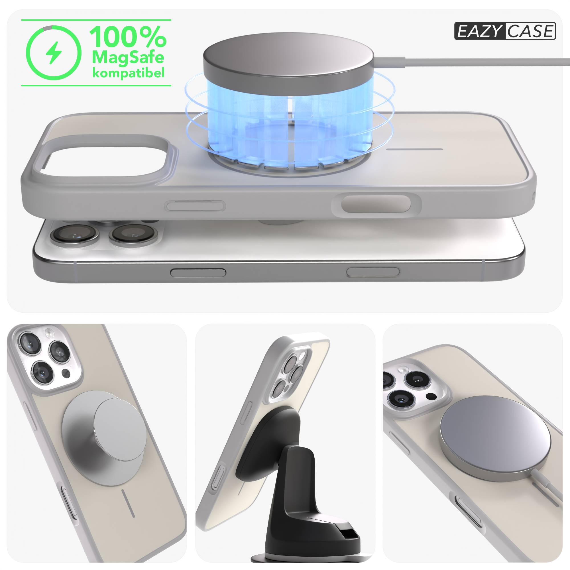 Ein iPhone mit MagSafe-Ladegerät und Zubehörteilen.