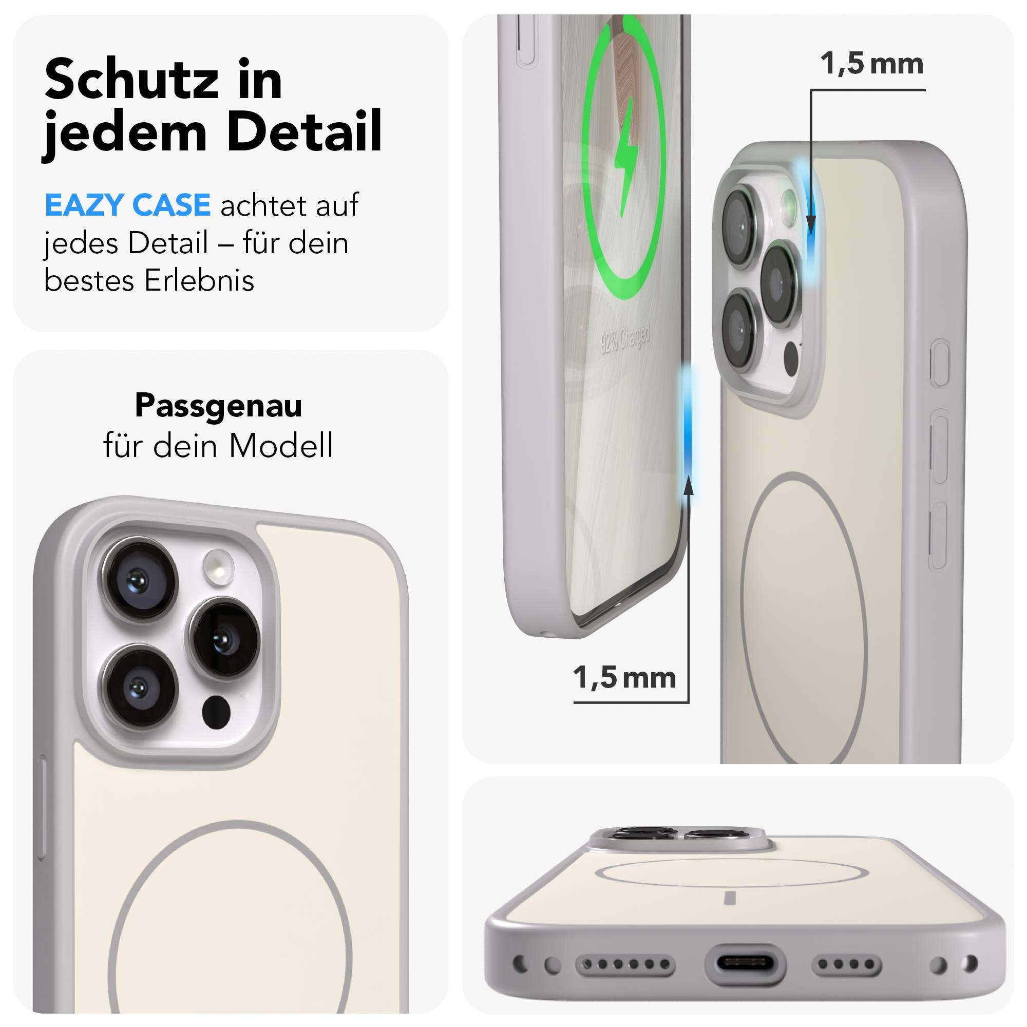 Ein helles Handycase mit Kameraausschnitt und Ladeanzeige.