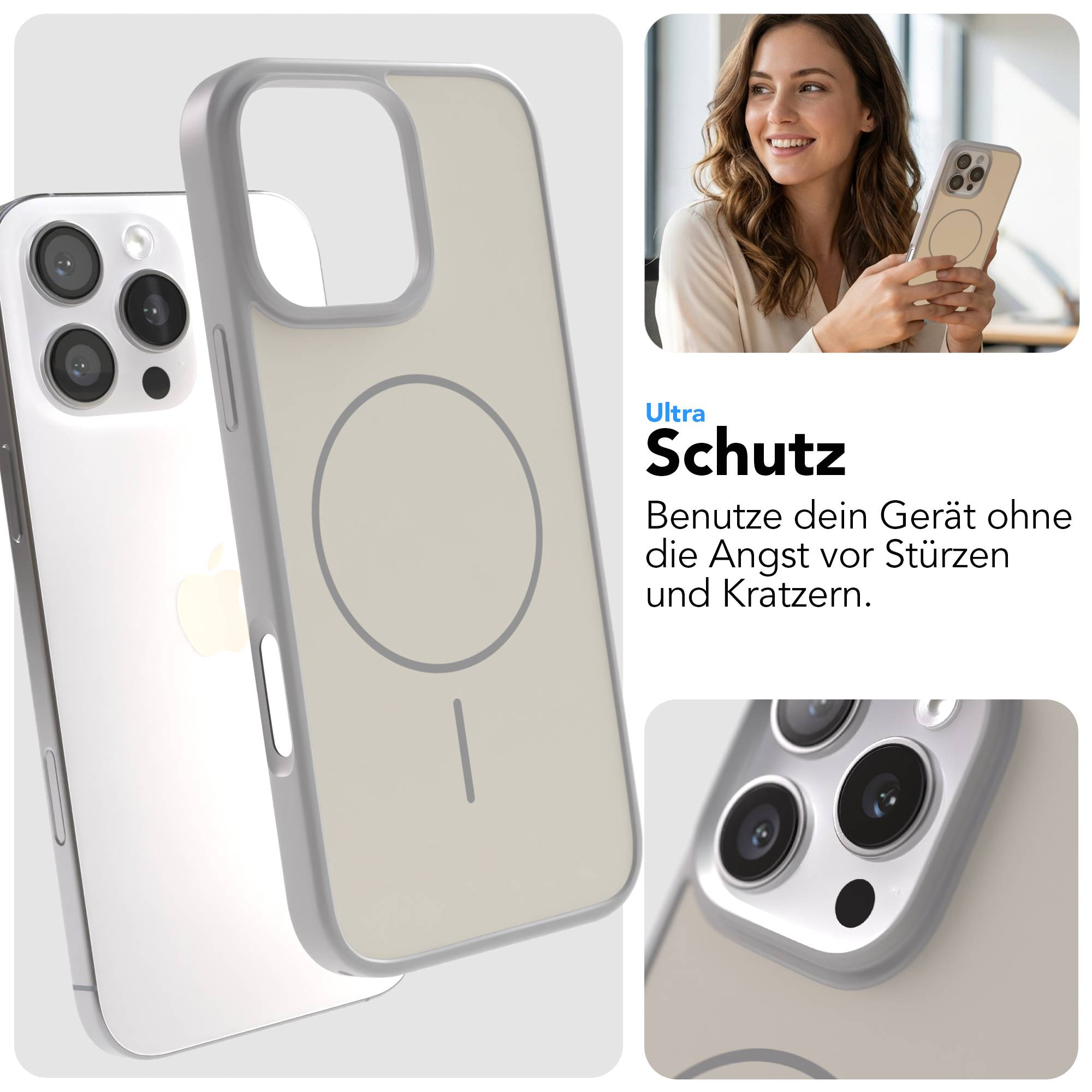 Ein iPhone mit Schutzhülle und ein lächelndes Model. Nahaufnahme der Kameralinsen.