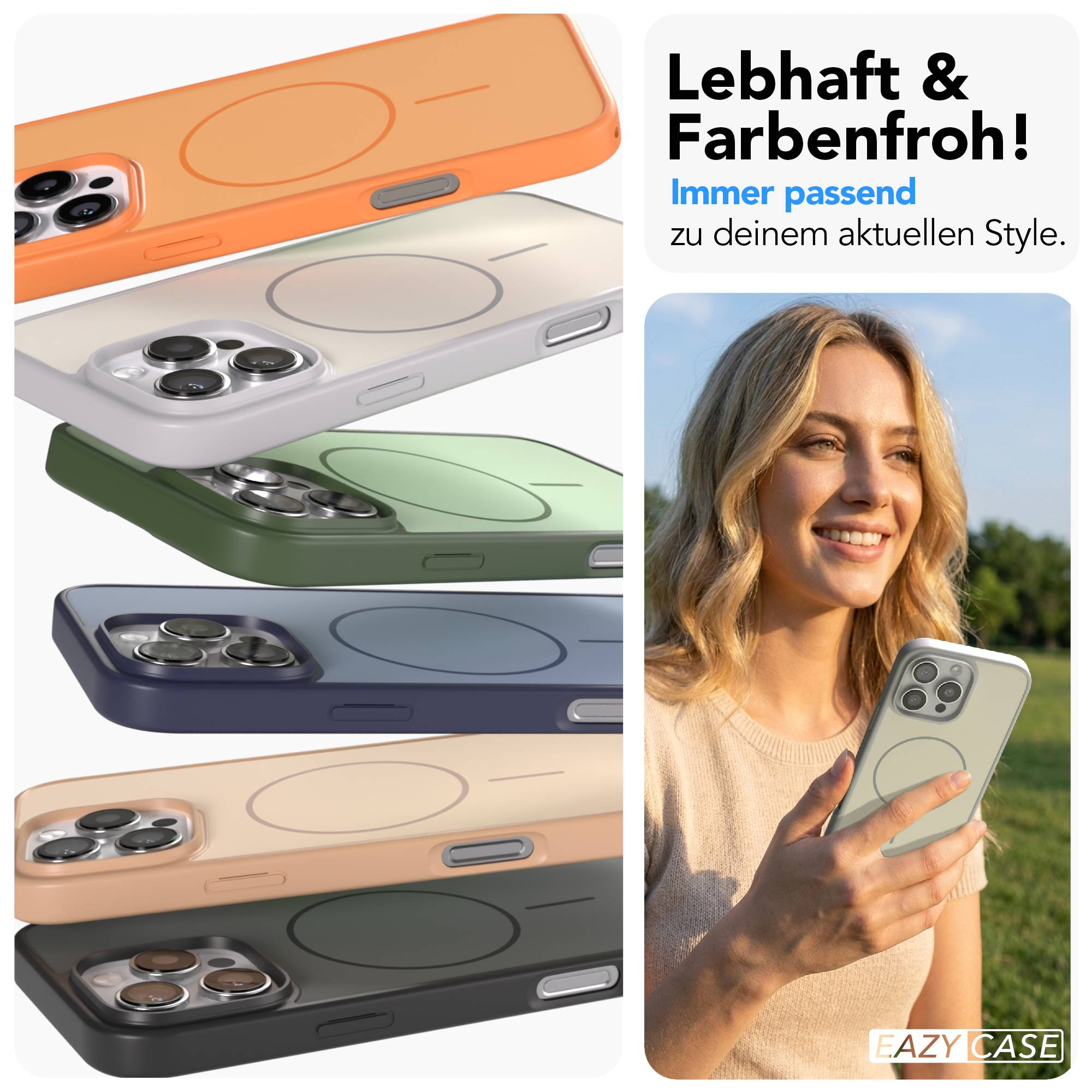 Bunte Handyhüllen und eine lächelnde Frau mit einem Handy.