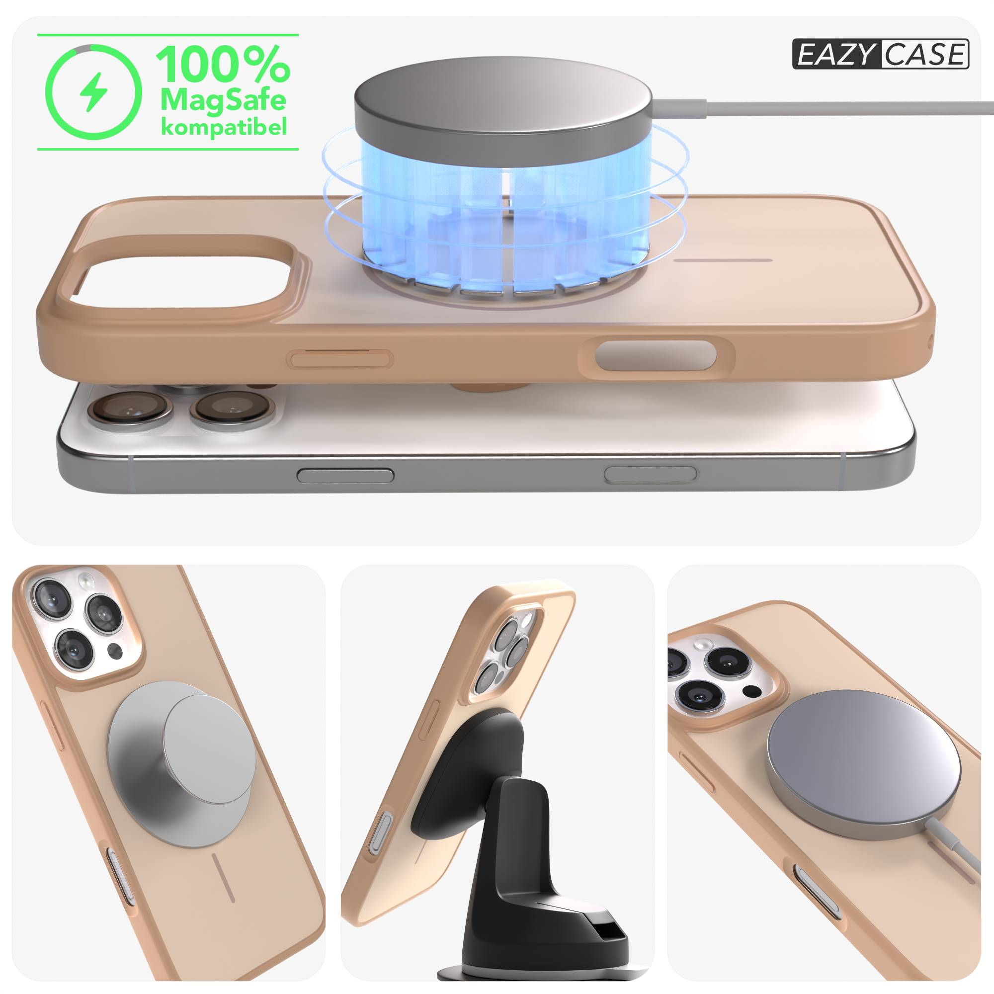 Ein braunes Handy mit Ladekabel und MagSafe-kompatibler Ladeanzeige.