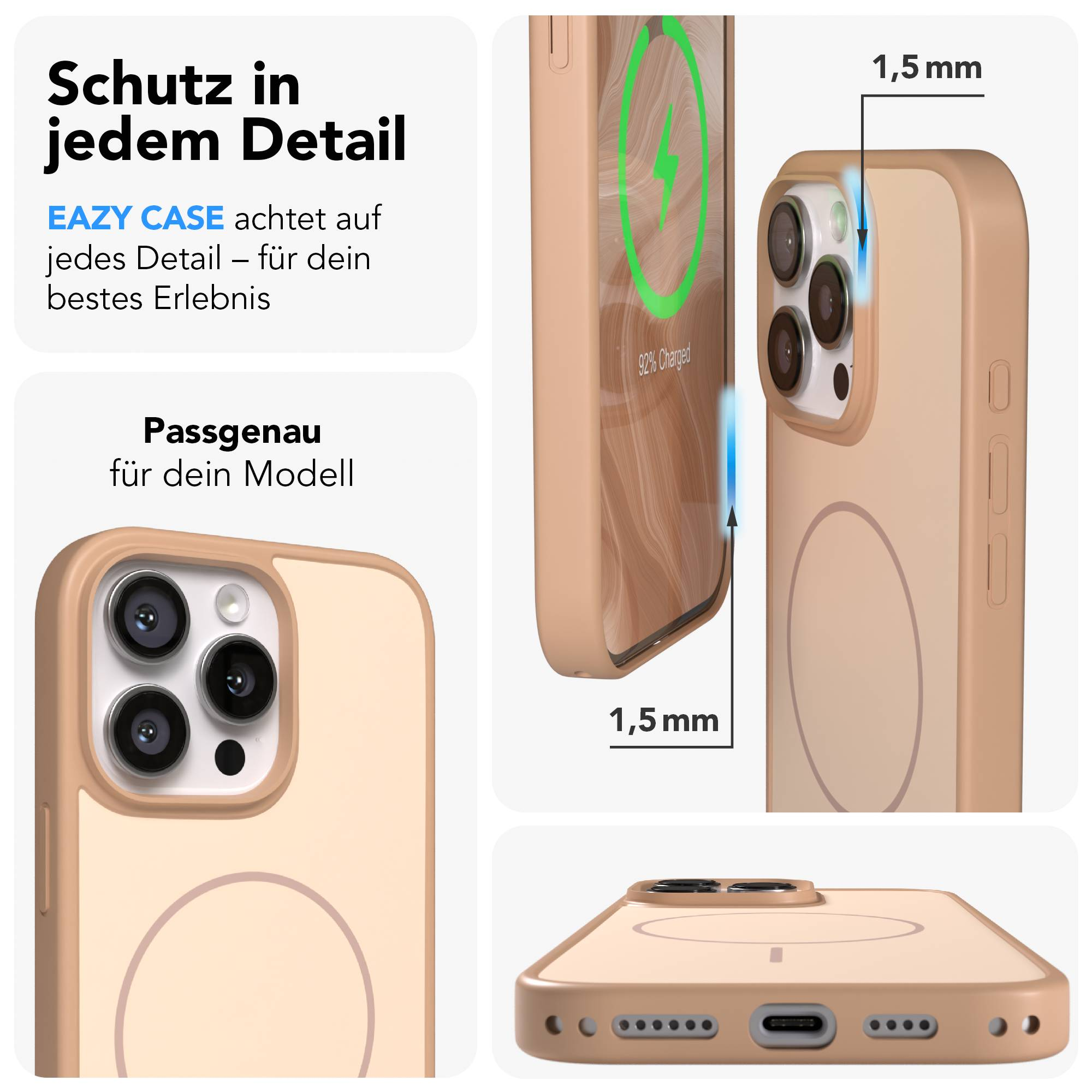 Beige Handyhülle mit Kamera-Ausschnitt, Ladeanzeige und 1,5mm Dicke.