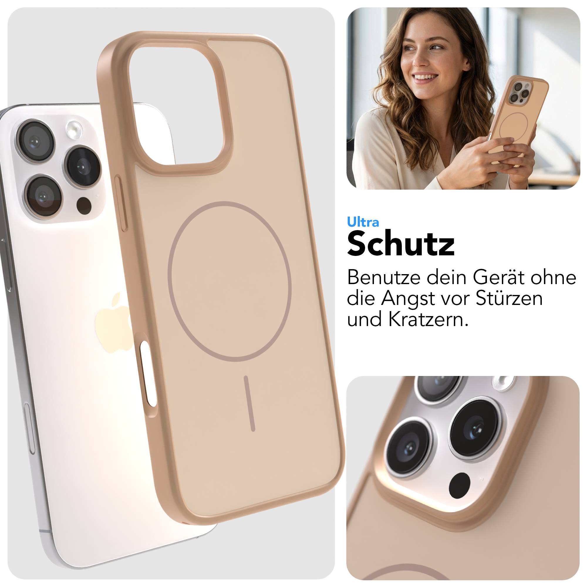 Ein hellbraunes iPhone mit Schutzhülle wird gezeigt. Nahaufnahme der Kameras.