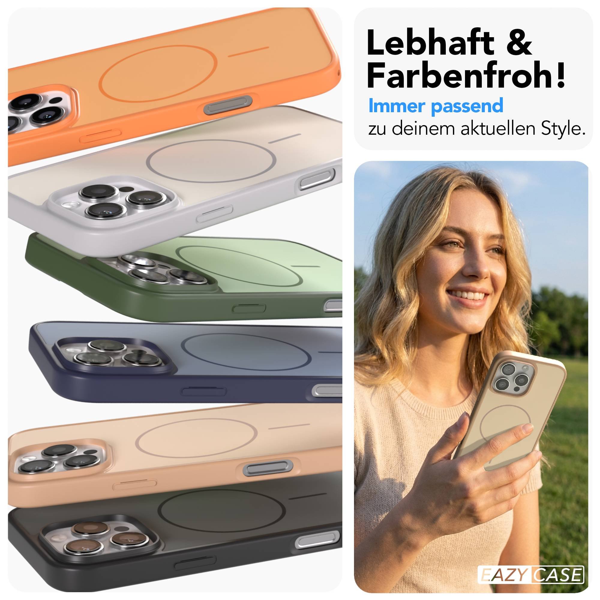 Mehrere iPhone-Hüllen in verschiedenen Farben, eine Frau hält eine Hülle.